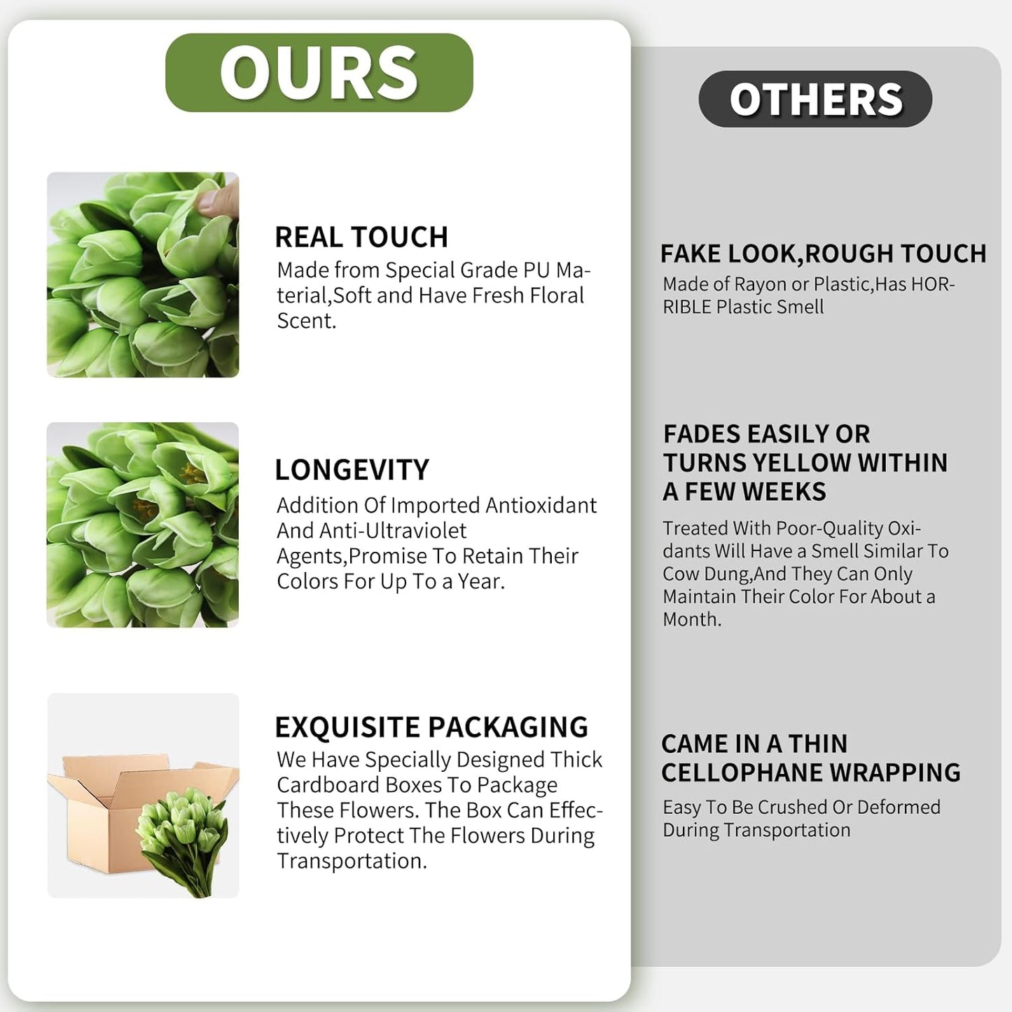 Buart Artificial Tulip in Bulk for Home Kitchen Wedding Bridal Bouquet,Fake Flowers for Valentine's Day Mother's Day Easter Table Centerpieces Decorations(Green,Real-Touch,12pcs)