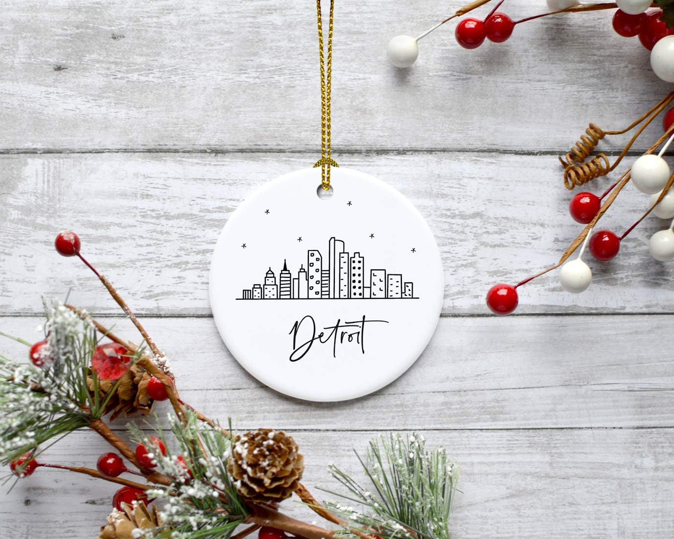 Andaz Press Round Ceramic Porcelain Christmas Tree Ornament Keepsake, Detroit Black and White Stars City Skyline Graphic, 1-Pack, Birthday Gift Idea for Family, Coworker, Him, Her, Includes Gift Box