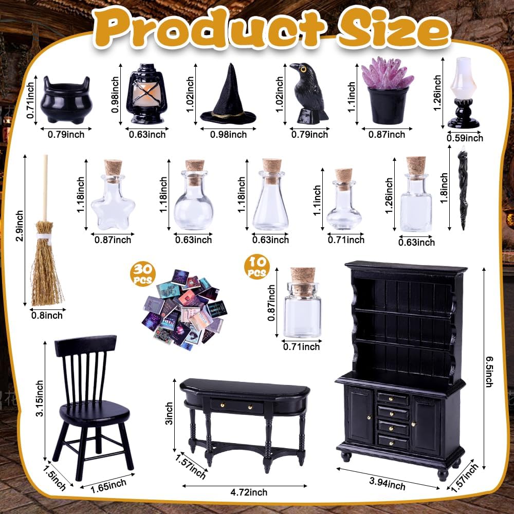 56 Pcs Halloween Miniatures Decorations 1:12 Scale Magic House Accessories Mini Wooden Bookshelf Furniture Set Tiny Sorcery Bottles Books Desk Chair Witch Hat Dollhouse Decor