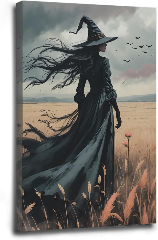 Gothic Decor Canvas Wall Art Witch in Rice Field Halloween Art Decor Print Nature Print Victorian Home Bedroom8x12in Wood Framed