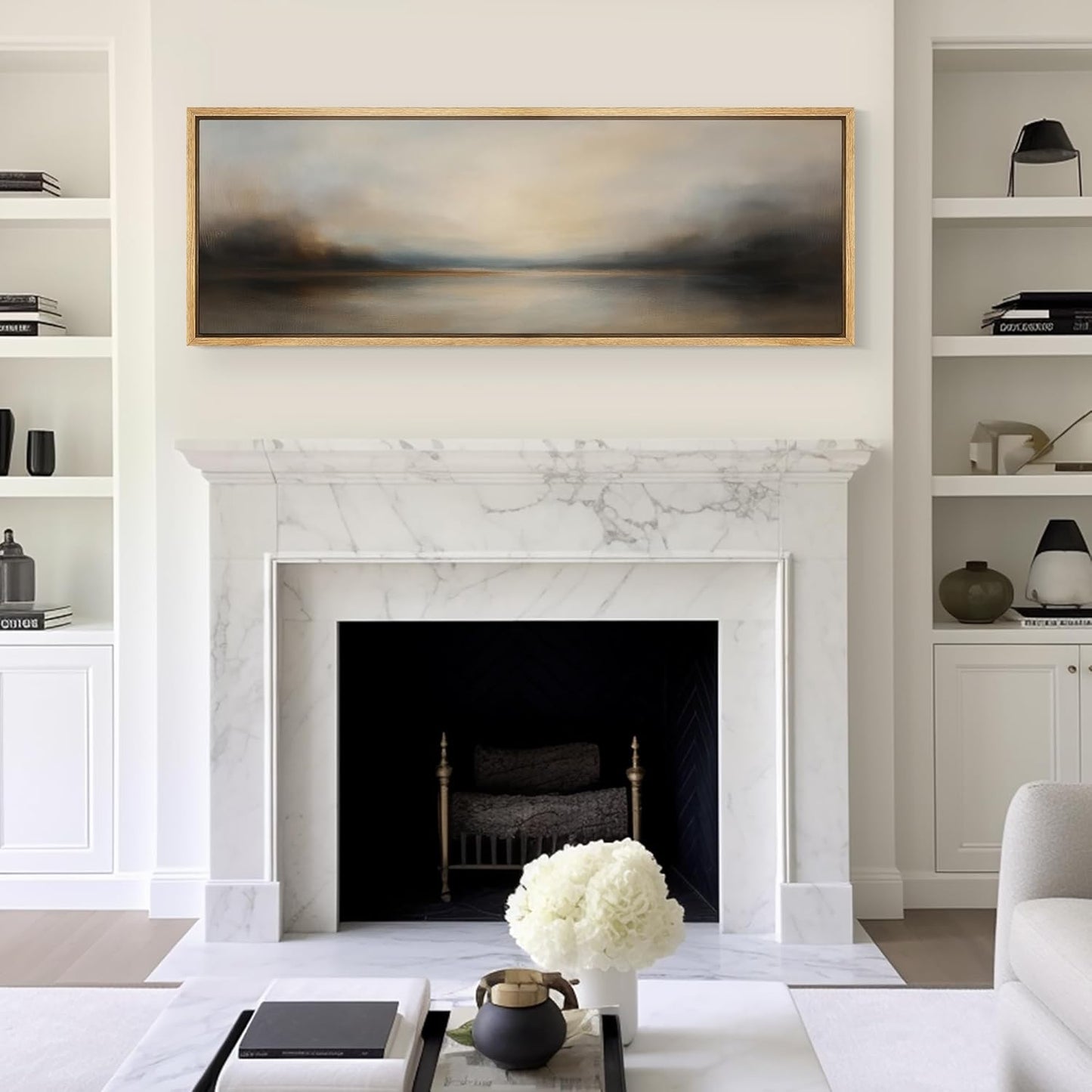 MUDECOR Large Framed Canvas Print Wall Art Abstract Landscape Neutral Tones Misty Horizon Illustrations Decorative Colorful for Bedroom - 60"x20"