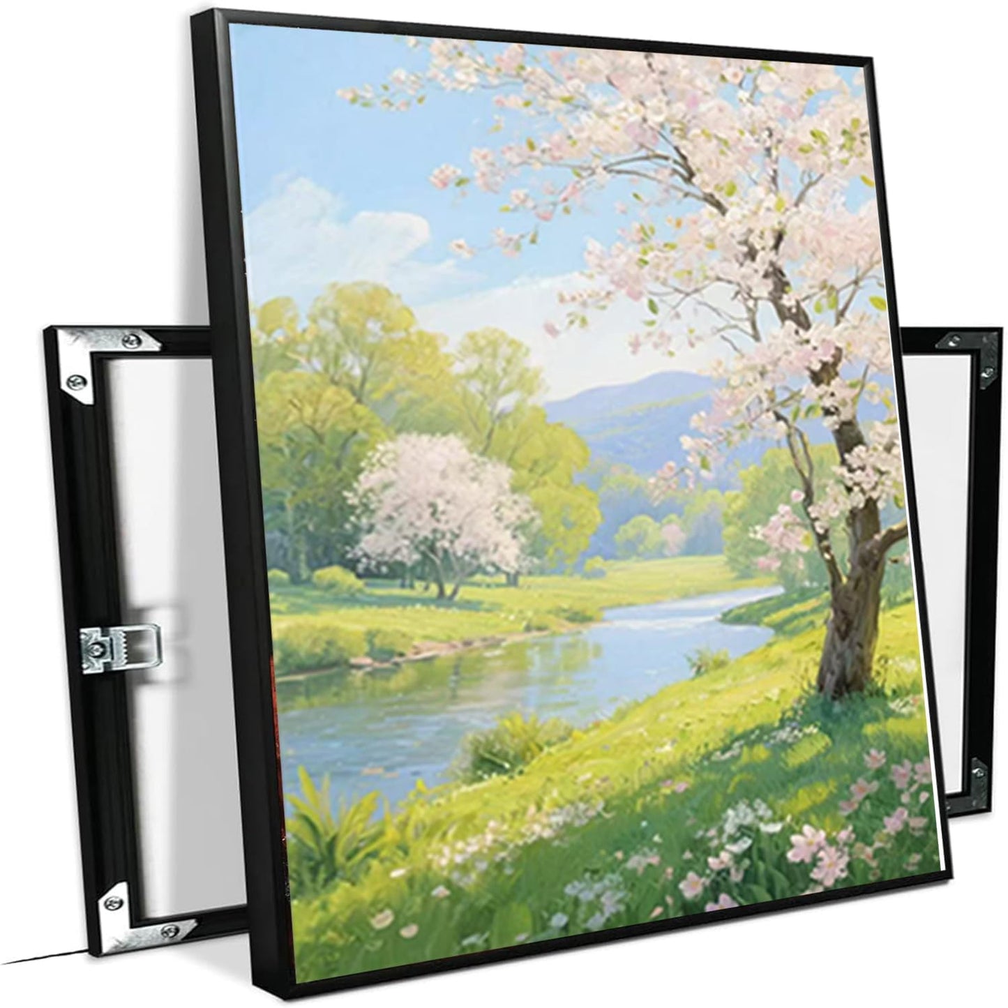 The scenery of a stream between trees and cherry blossoms under the blue sky is suitable for posting in the living room bedroom office landscape posters