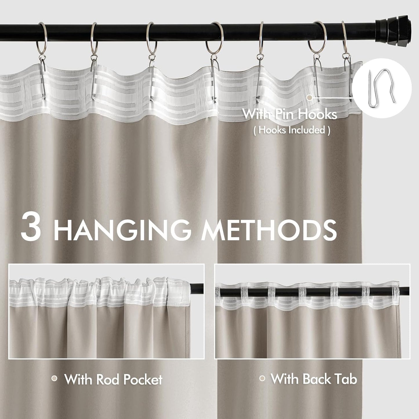 MIULEE Natural Back Tab Blackout Curtains 108 Inch Long 2 Panels Set for Bedroom, Rod Pocket/Pinch Pleat Extra Long Thermal Insulated Living Room Darkening Pleated Light Blocking Drapes