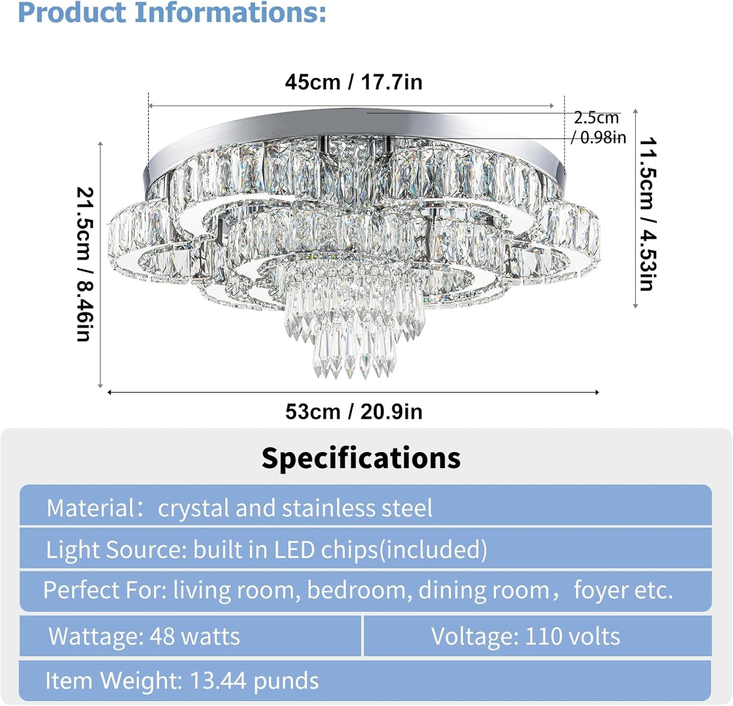 21 Inch Crystal Chandelier LED Flush Mount Ceiling Light Fixtures Luxury Chandeliers for Living Room Bathroom Bedroom Entrance Dining Room(Cool White)