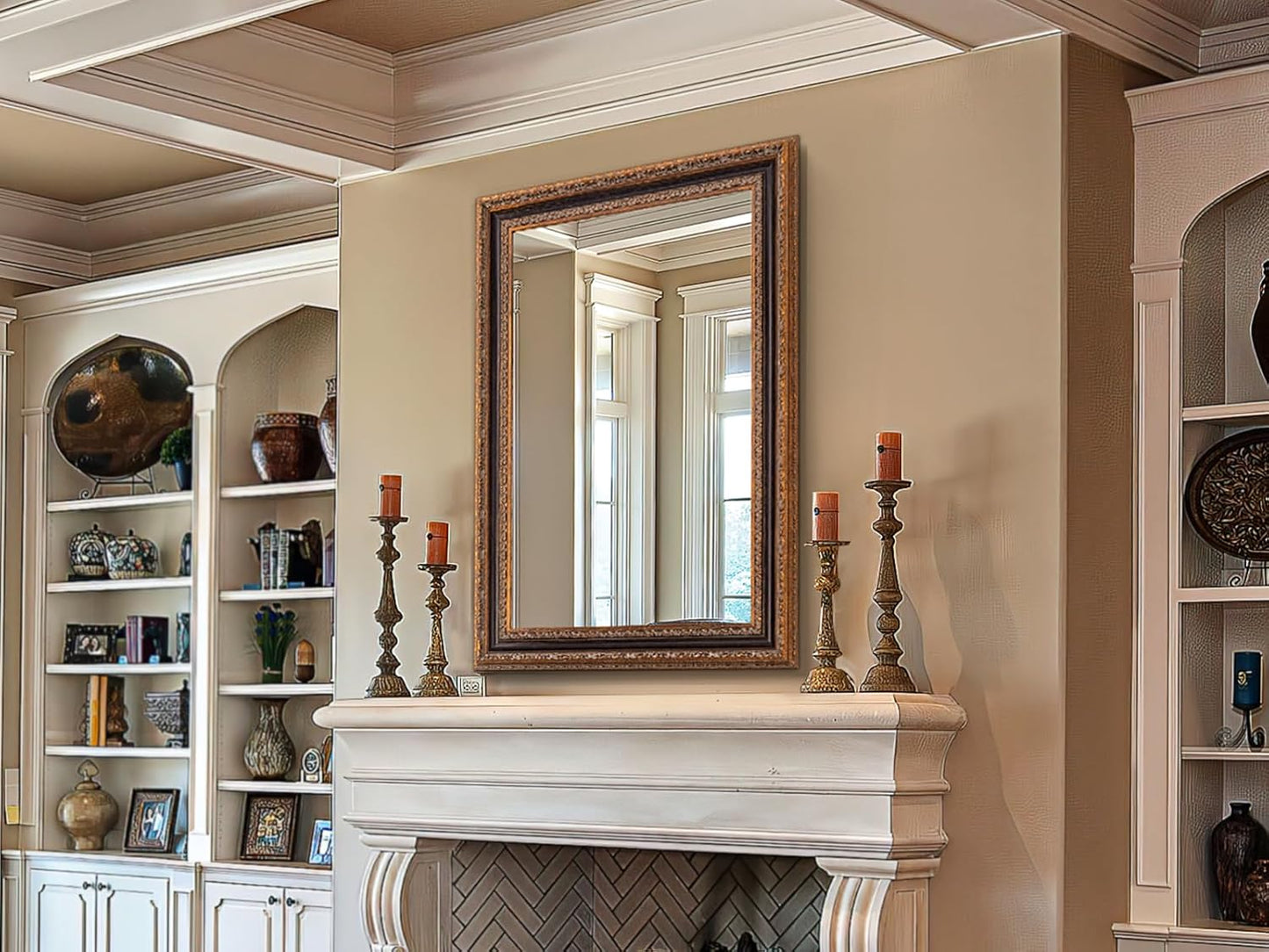 Vintage Accent Mirror 41.5" X 30", Bronze Antique Mirror with Handmade Aging 3D Carvings Wood Frame for Entryway, Living Room, Bathroom and Bedroom