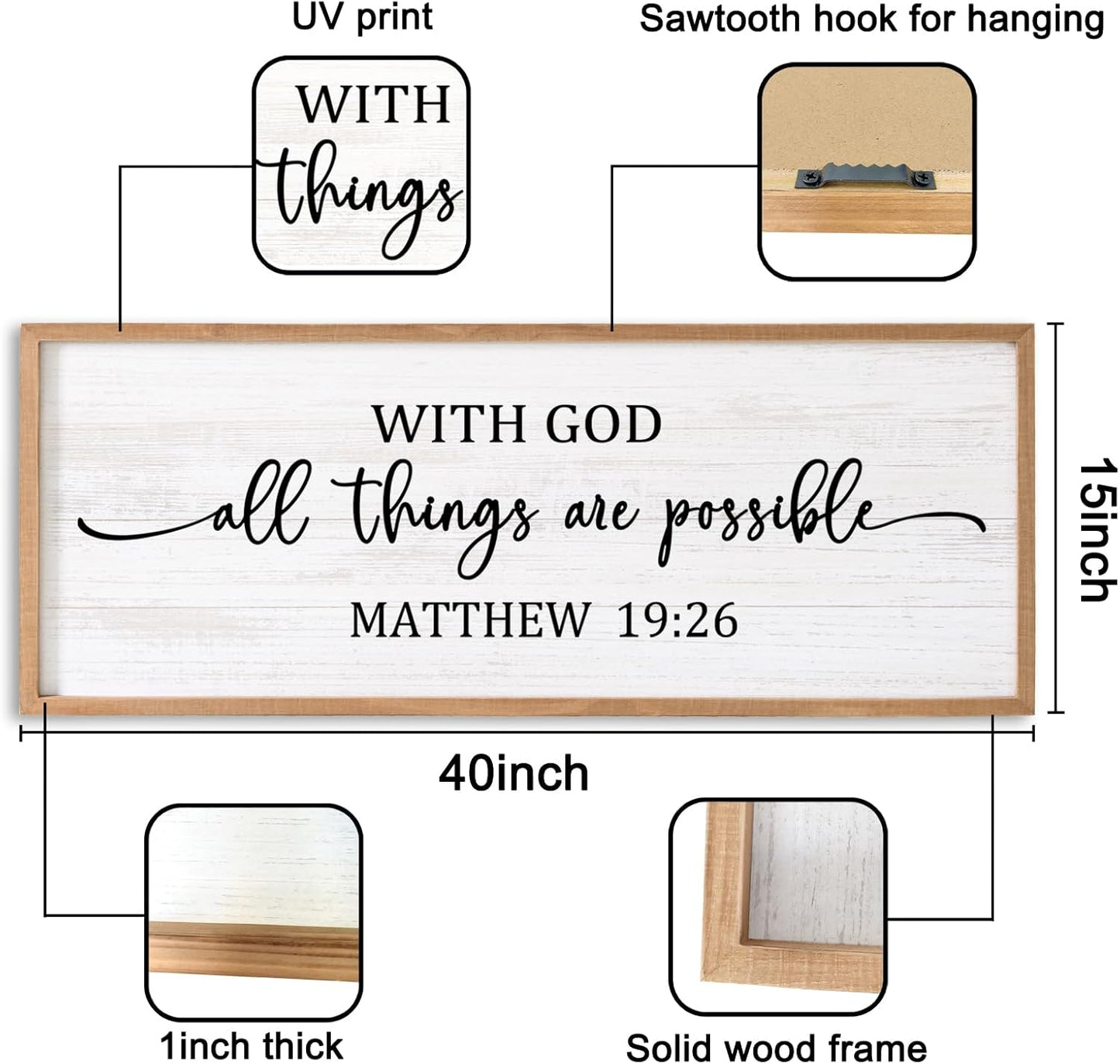 With God All Things are Possible Framed Wall Art, 40''×15'' Positive Religious Rustic Bible Verse for Christian God Jesus Christ Prayer, Vintage Horizontal Holy Inspirational Catholic Scripture Decor
