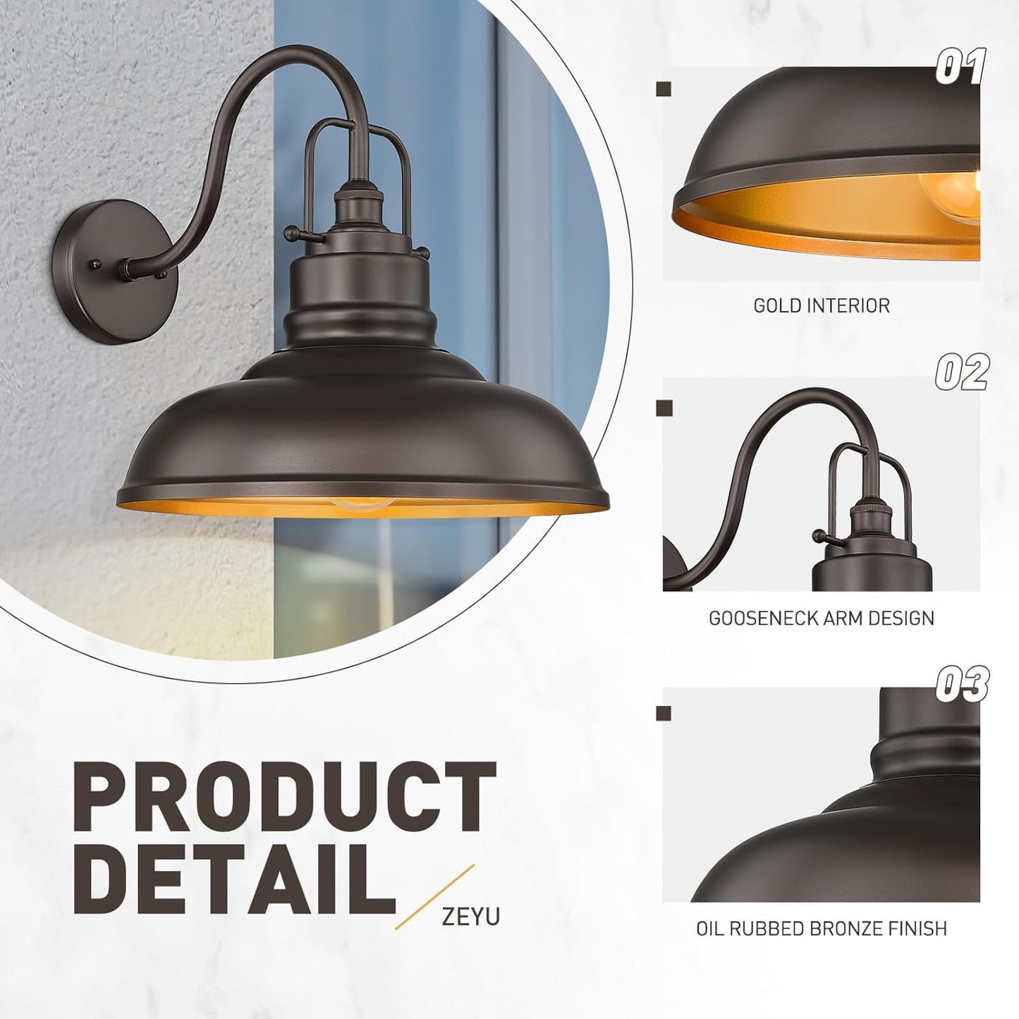 zeyu 18 Inch Gooseneck Barn Light, Farmhouse Outdoor Sconces Wall Lighting, Outdoor Barn Light for Garden Garage, Oil Rubbed Bronze Finish, 016-1BL ORB