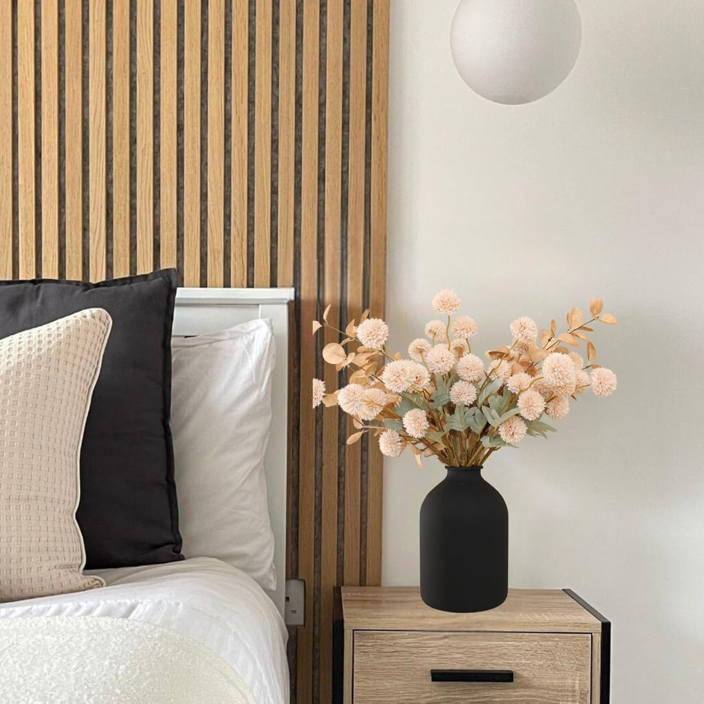 Beige Fake Flowers Silk 10 Stems With Eucalyptus, Faux Flowers For Vase, Artificial Mums Long Stem, Mini Faux Mums Flower Bulk, Tan Nude Cream Neutral Floral, Chrysanthemum Pom Pom Floral Arrangements