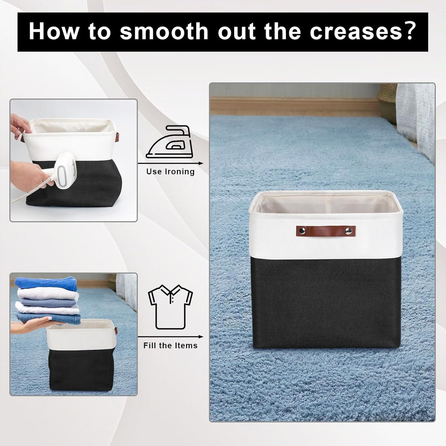 13x13 Cube Storage Bins, Collapsible Fabric Storage Box, 4 Pack Closet Baskets with Handles for Organizing, Shelf, Toys, Clothes, Home, Office, Nursery (Black&White)