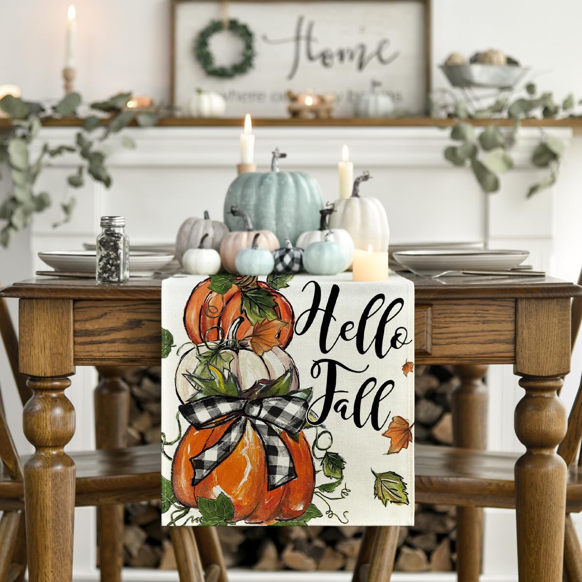 Artoid Mode Pumpkins Bowknot Maple Leaf 210 GSM Fall Table Runner, Seasonal Autumn Kitchen Dining Table Decoration for Home Party Decor 13x48 Inch