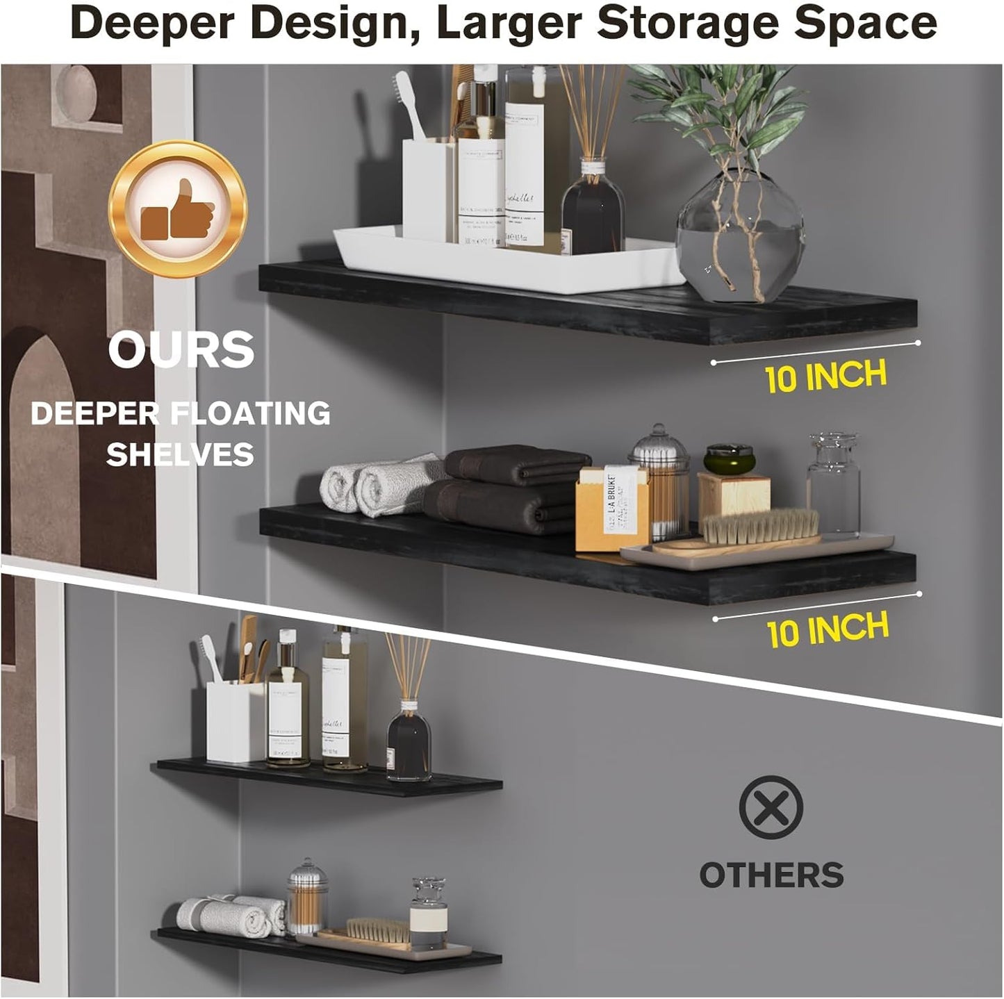 Wall Shelf Set of 2,Dark Wood Floating Shelves 36 in W x 10 in D x 1 in H, Wooden Floating Wall Shelf with Invisible Brackets for Living Room/Bedroom/Bathroom/Kitchen Storage and Decor