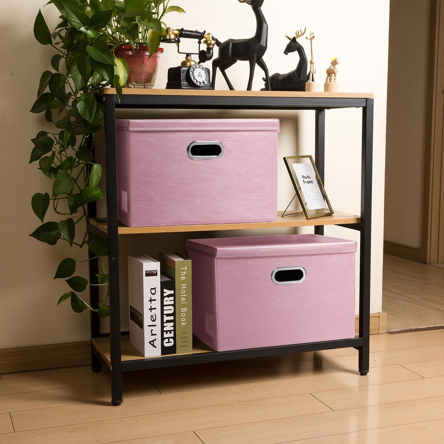 PRANDOM Large Stackable Storage Bins with Lids [3-Pack] Leather Fabric Foldable Storage Boxes Organizer Containers Baskets Cube with Cover for Bedroom Closet Office Nursery Pink (17.7x11.8x11.8)