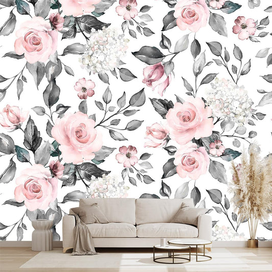 Grey Leaf Pink Flowers Mural Bedroom Floral Wallpaper Room Decor Living Room tv Background Large Wall Mural - 183"x120" (Not Peel and Stick)