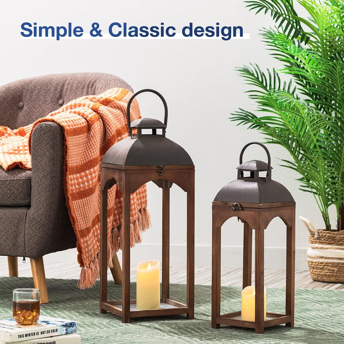 Glitzhome Set of 2 Mondern Farmhouse Wooden Lantern Hanging Decorative Candle Lanterns for Outdoor & Indoor Brown (No Glass)