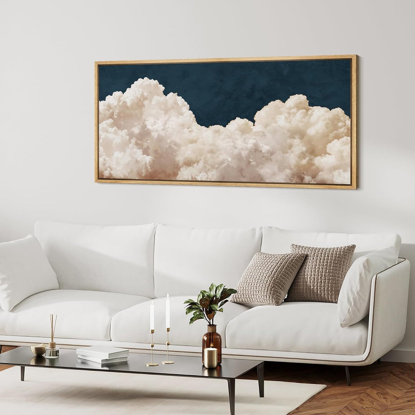 MUDECOR Extra Large Framed Canvas Print Wall Art Cumulus Clouds Panoramic Dramatic Skyline Illustrations Antique Retro Fine Art Illustrations Decorative Colorful for Bedroom - 60"x30"