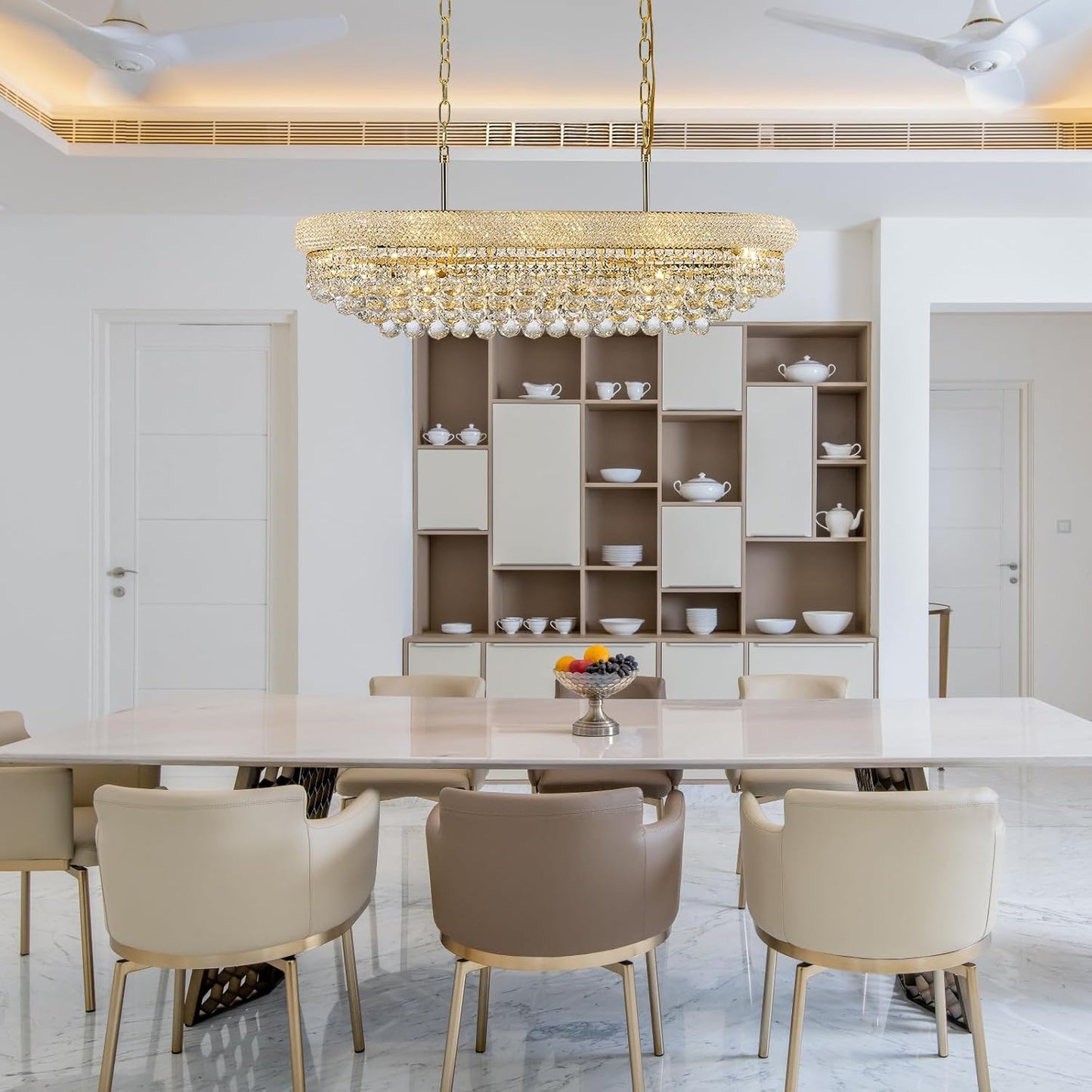 Rectangular Crystal Chandeliers for Dining Room,10 Lights Adjustable Height Oval Crystal Ceiling Light Fixture for Kitchen Island, Gold Finish, L36''