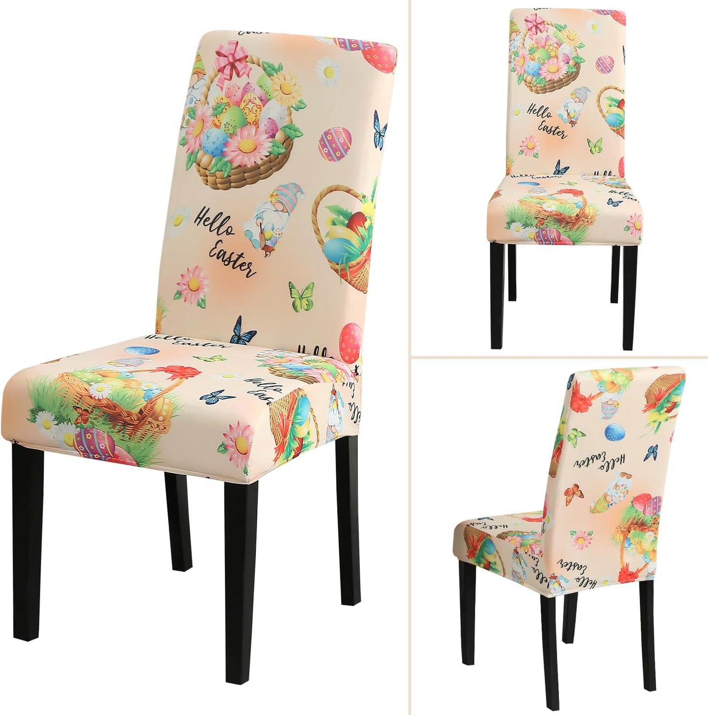 JQinHome Easter Chair Covers Set of 6,High Stretch Removable Washable Chair Seat Protector Cover for Easter Decoration-Easter Theme Decor with Easter Egg Basket