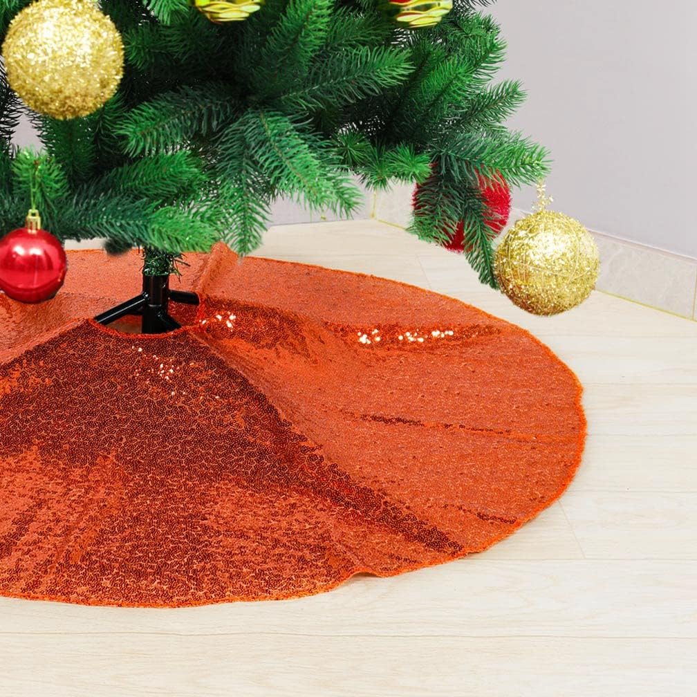Partisout Orange Sequin Tree Skirt Glitter Christmas Trees Skirts 36Inch for Colorful Holiday Halloween Celebration Supplies