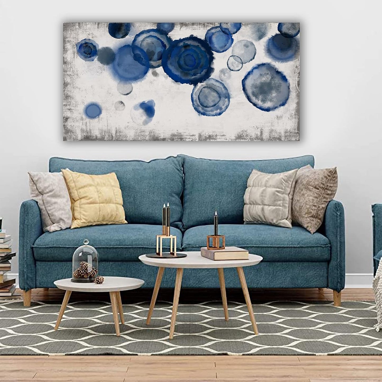 YJYart Blue Wall Art For Living Room Watercolor Dots Wall Decorations Indigo Dot Wall Decor Posters for Room Aesthetic Modern Artwork 24x48 Inch