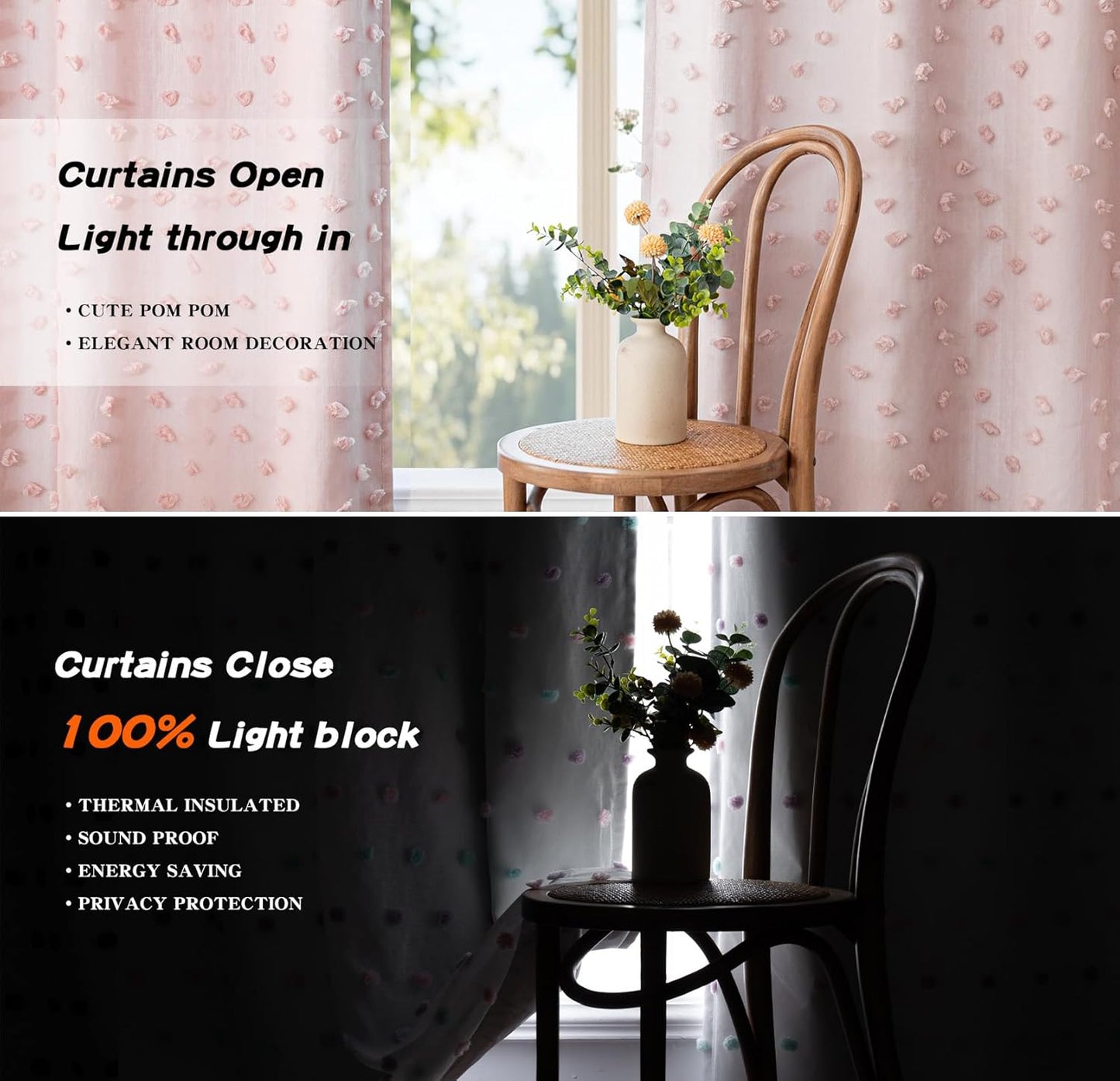 MYSKY HOME 100% Blackout Curtains for Nursery Thermal Insulated Blush Pink Pom Pom Curtain 72 Inch Length for Girls Bedroom 2 Panels Grommet White Sheer Drapes for Kitchen Dining Room Door, 52W x 72L