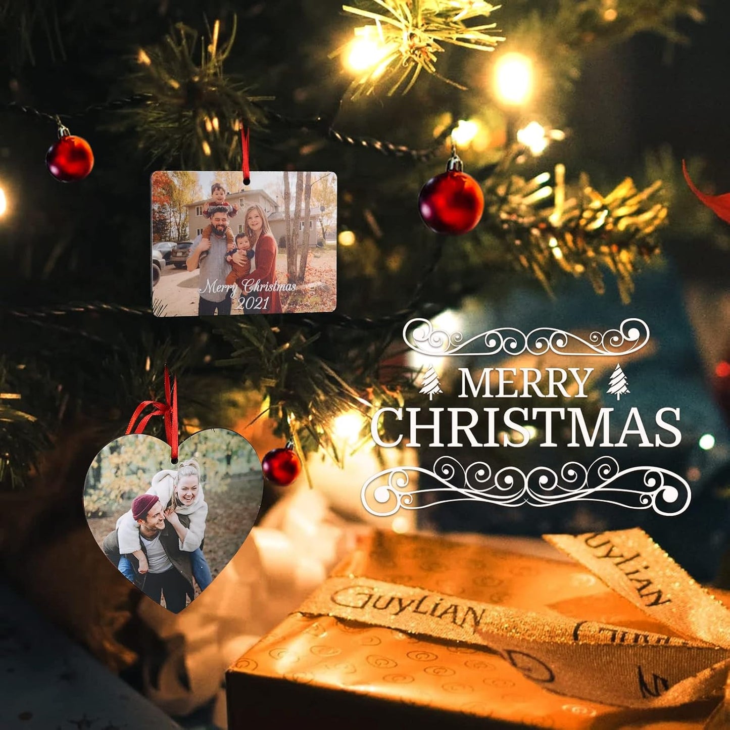 Gemszoo Personalized Picture Christmas Ornament, Custom Double Sided Photo Text Wooden Hanging Xmas Tree Keepsake Pendant Decoration Gift for Family (1, Heart)