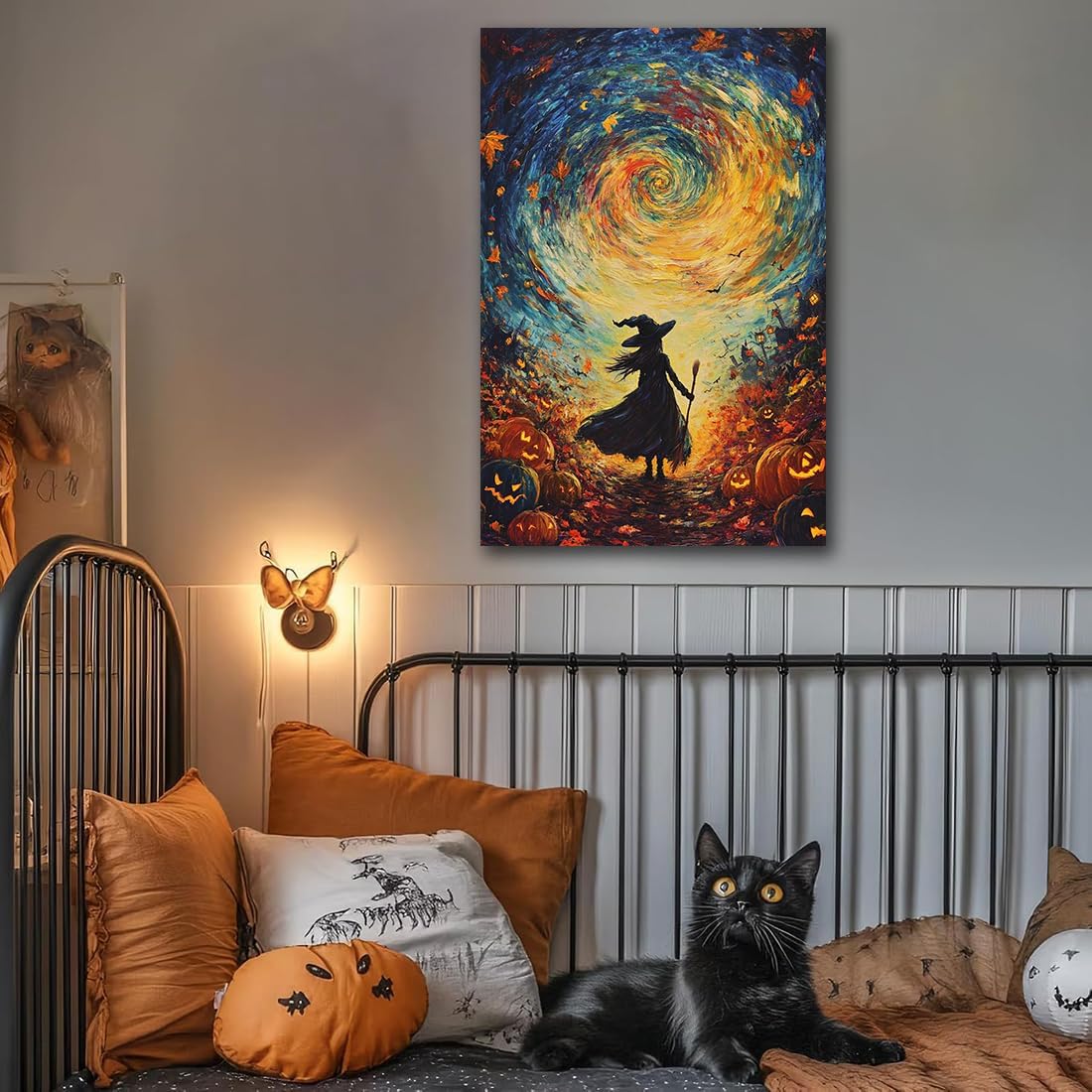 Halloween Autumn Witchy Decor Wall Art Prints,Gothic Witch in Whirlwind Autumn with Pumpkins Scene Pictures Poster,Fall Festival Home Decor Painting Canvas Poster for Bedroom Bathroom,16"x24" Framed