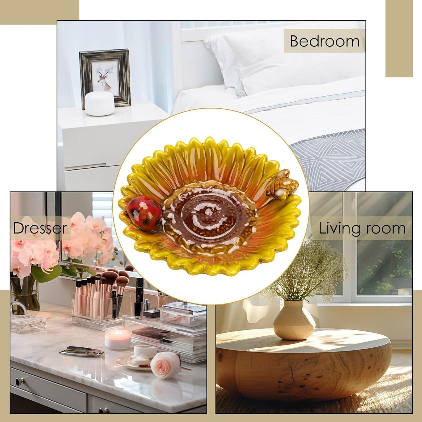 Sunflower Jewelry Dish Trinket Tray Ceramic Key Tray Bowl for Entryway Table, Sunflower Candy Dish Soap Holder Gift Decorative Bowl for Home Decor Kitchen Bathroom Sink (Bee, Ladybug)