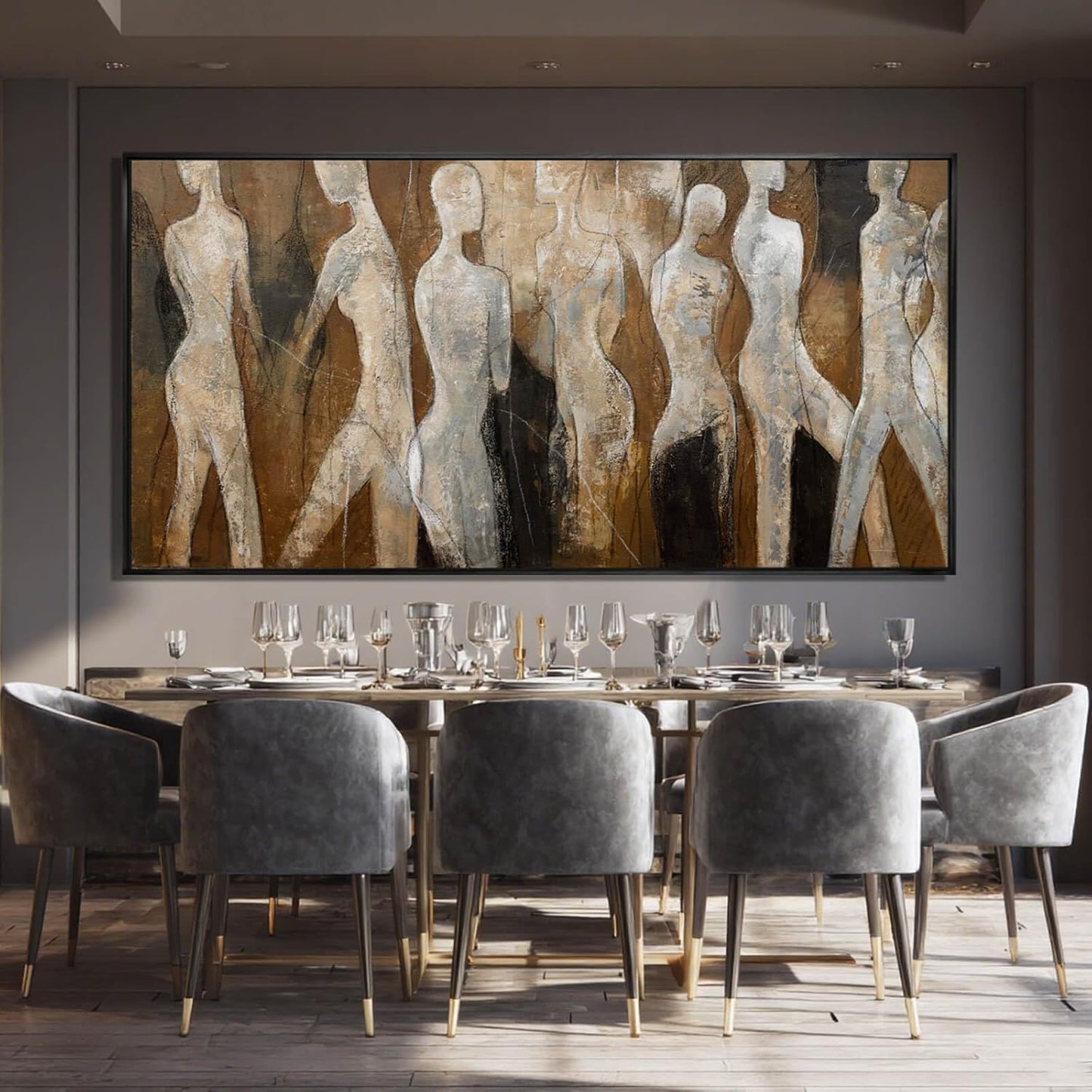 Black Line Wall Decor Brown Canvas Wall Art Figure Wall Decorations 29"x58" Large Pictures for Living Room Artwork for Office