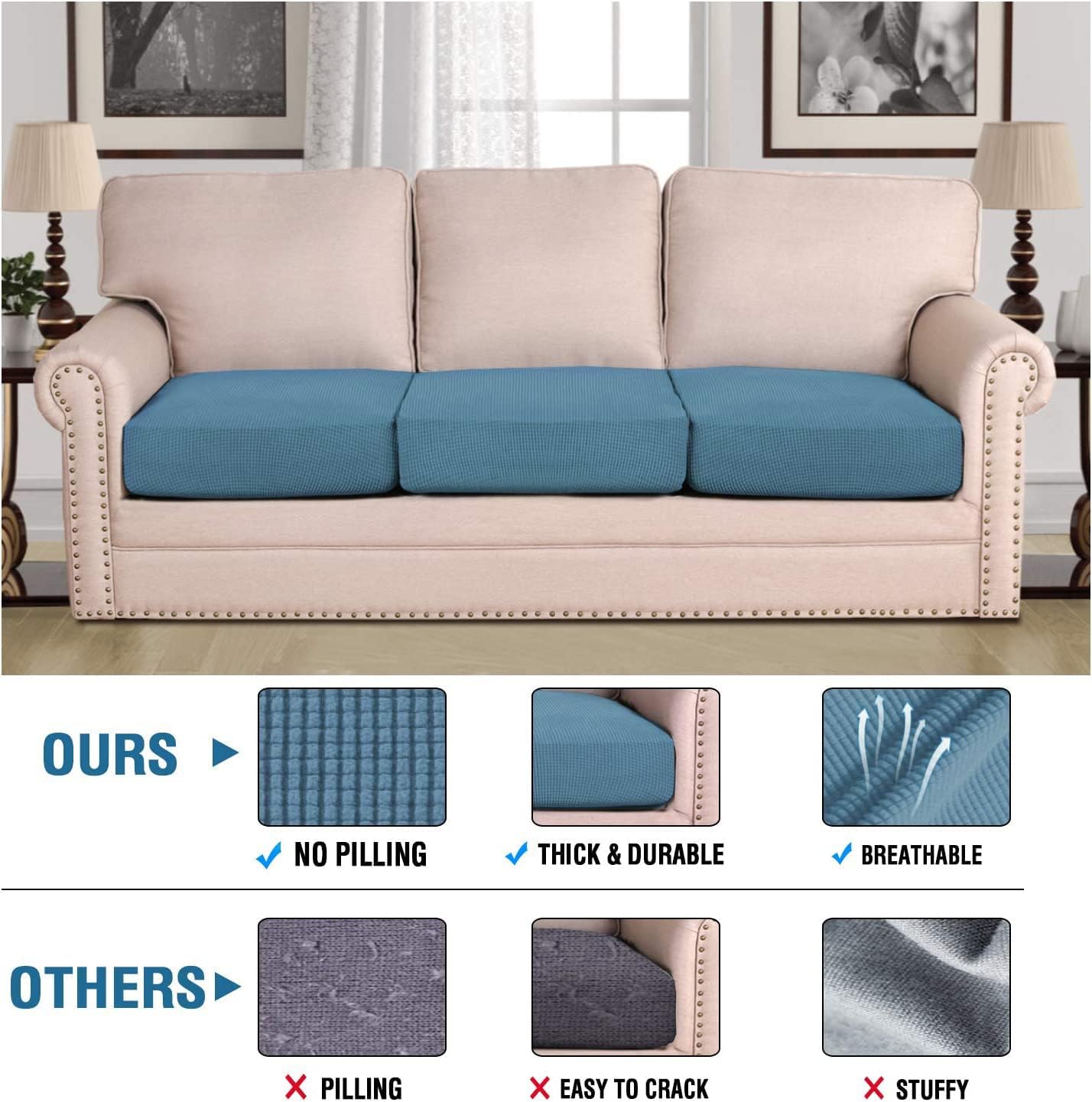 H.VERSAILTEX Super Stretch Individual Seat Cushion Covers Sofa Covers Slipcover Sets Thick Jacquard Textured Twill Fabric (3 Piece, Dusty Blue)