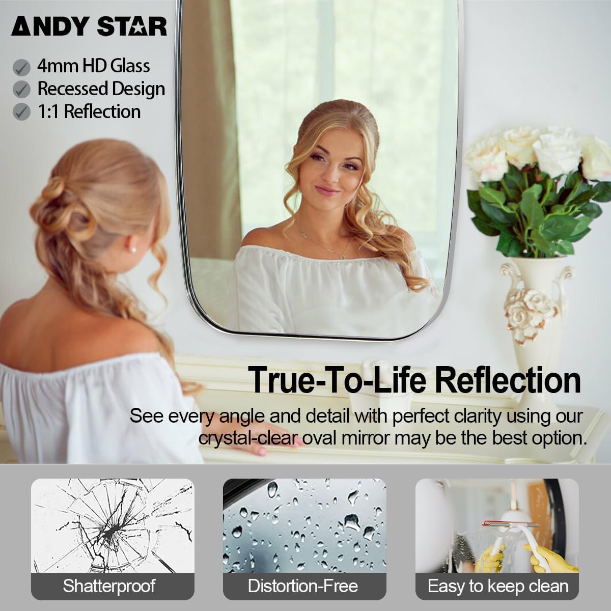 ANDY STAR Chrome Oblong Mirror, 36x48 Inch Polished Chrome Oval Mirror for Bathroom with Stainless Steel Metal Frame, Wall Mouned for Bathroom, Living Room, Entryway