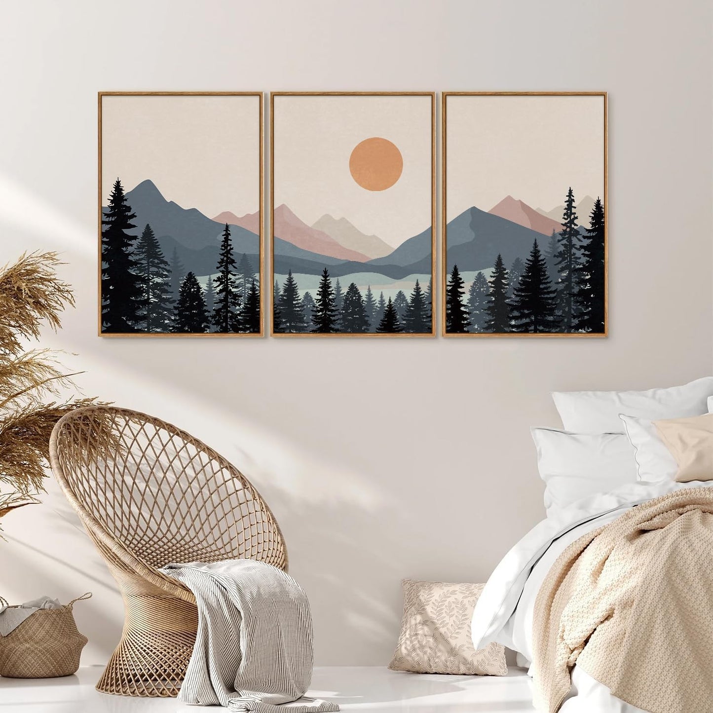 Tinonedraw Boho Mountain Framed Canvas Wall Art Set of 3, Watercolor Nature Landscape Art Prints, Modern Sunrise Art Paintings, Black Pines Tree Forest Wall Decor for Living Room Bedroom Office 16"x24"x3