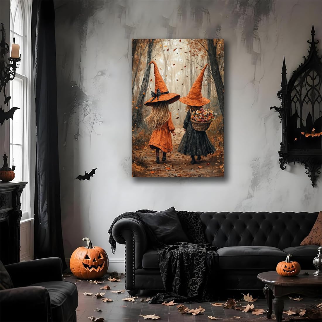 Fall Wall Art Witch Picture Decor,Little Girl Witch Halloween Wall Art, Vintage Autumn Whimsical Woodland Forest Picture, Family Room Nursery Playroom Children Room Decoration,16"x24" Framed