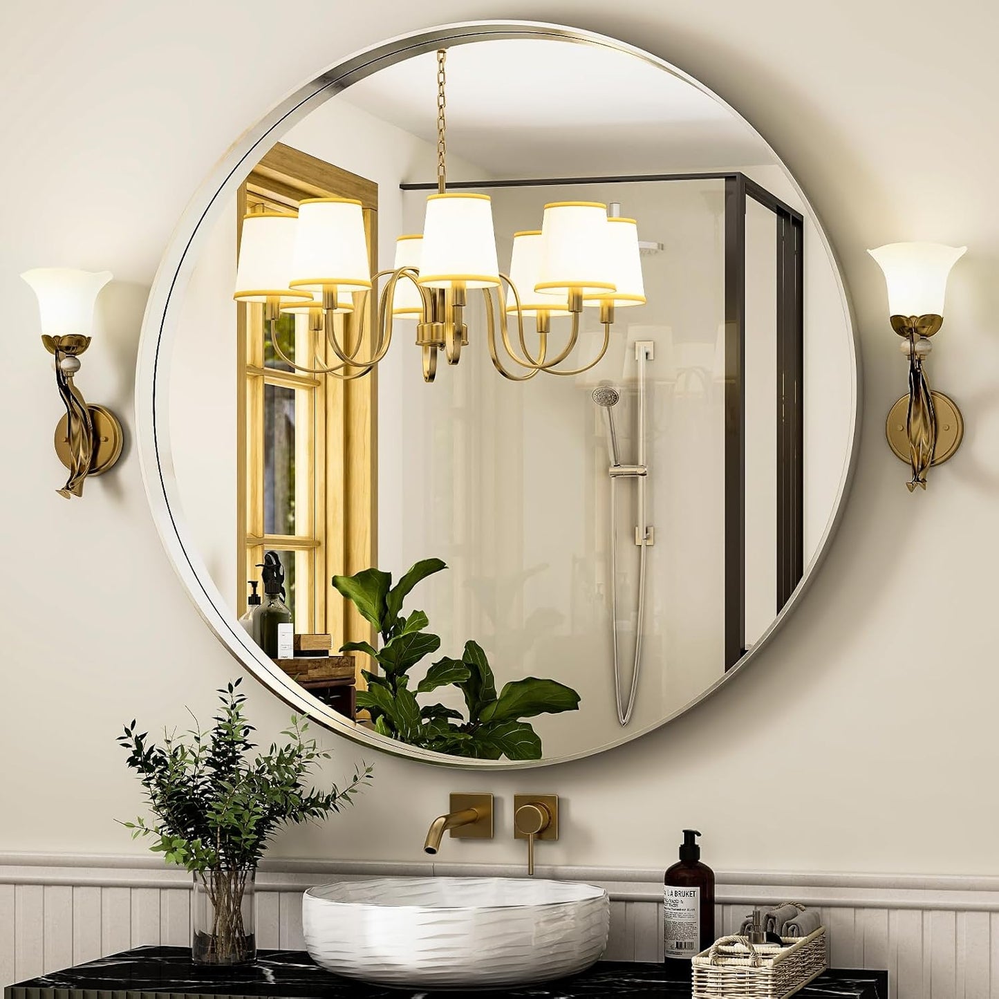 24 Inch Round Bathroom Mirror - Wall Mounted Circle Mirror with Metal Frame, Modern Mirror Suitable for Bathroom, Vanity, Entryway, Living Room, Wall Decor,Silver
