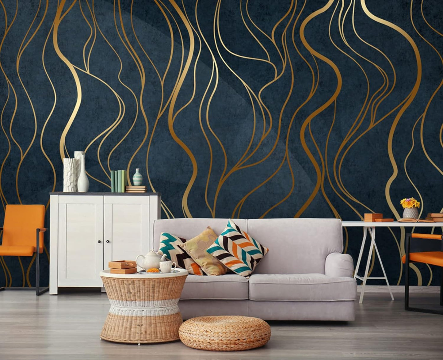 Simple Golden Lines Wall Mural Wallpaper for Bedroom 178" x 117"
