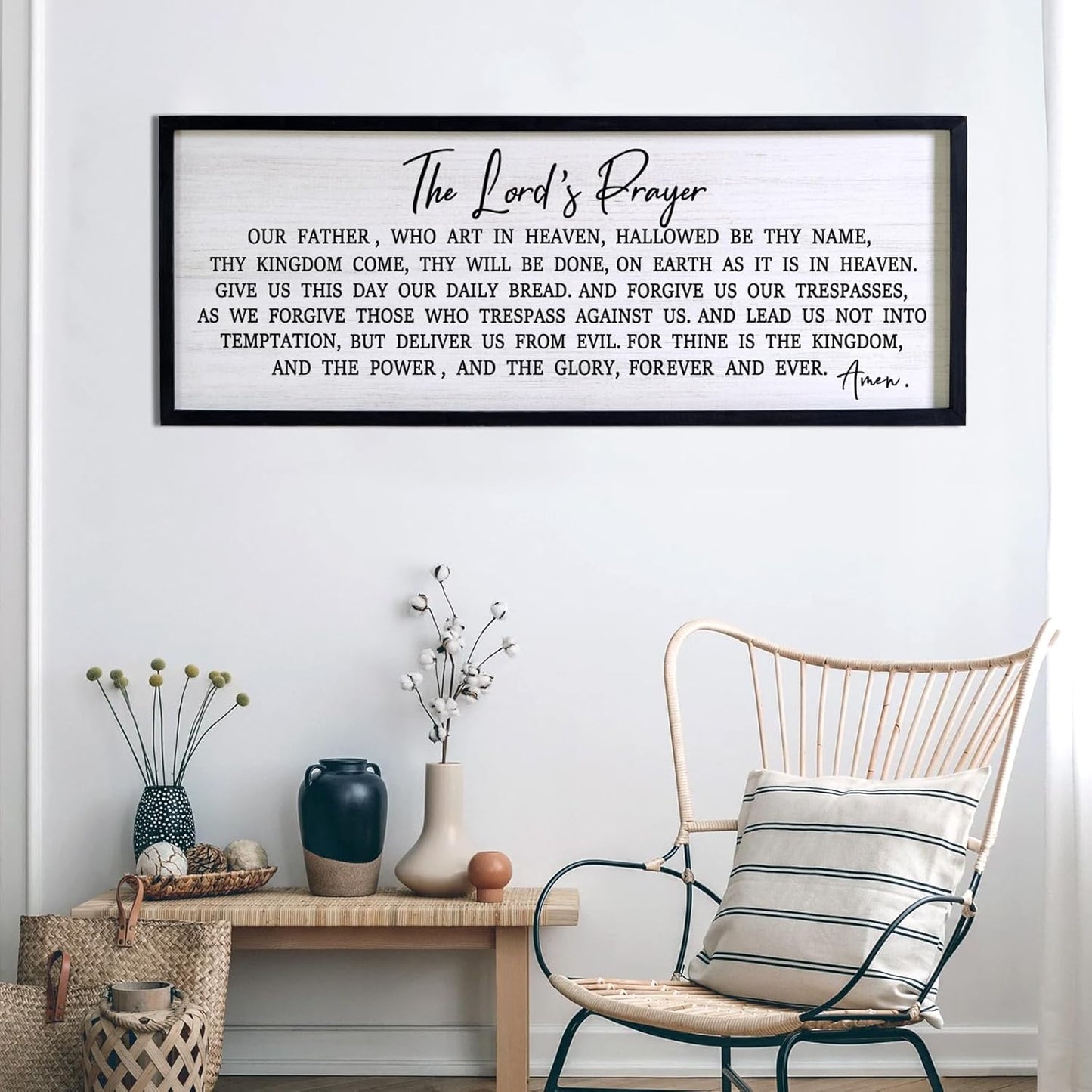 Our Father Prayer Bible Verse Framed Wall Art, 40''×15'' Rustic Religious Christian Lords Prayer Sign for God Jesus Christ Prayer, Horizontal Holy Inspirational Catholic Scripture Decor