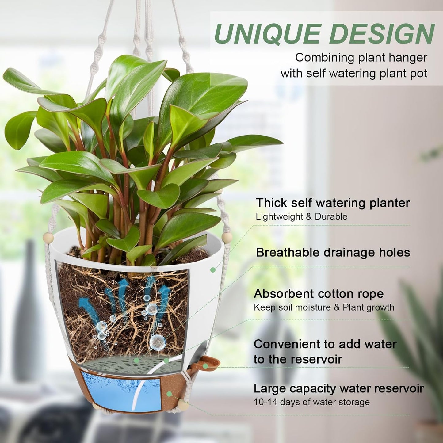 41.5 Inch Macrame Plant Hanger Indoor Outdoor with 12 Inch Flower Pot, Hanging Planter for Plants Holder with Wood Beads for Boho Home Decor (Ivory+White)