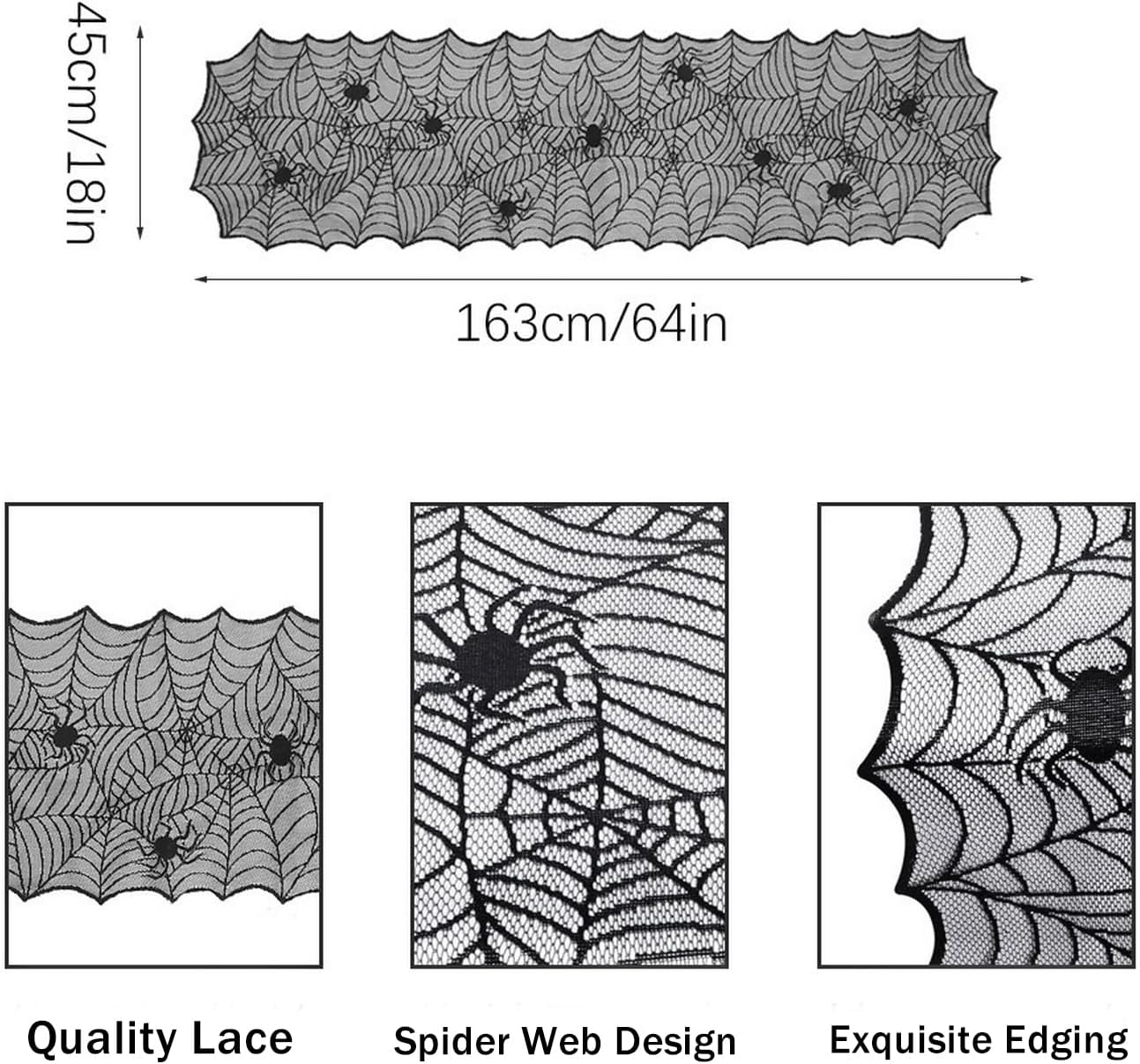 1-Pack Halloween Table Runner, Black Spider Web Lace Table Runner, Gothic Kitchen Decor, Fall-Themed Party Decorations, Spider Web Reusable Home Accent, 18 x 64 Inches