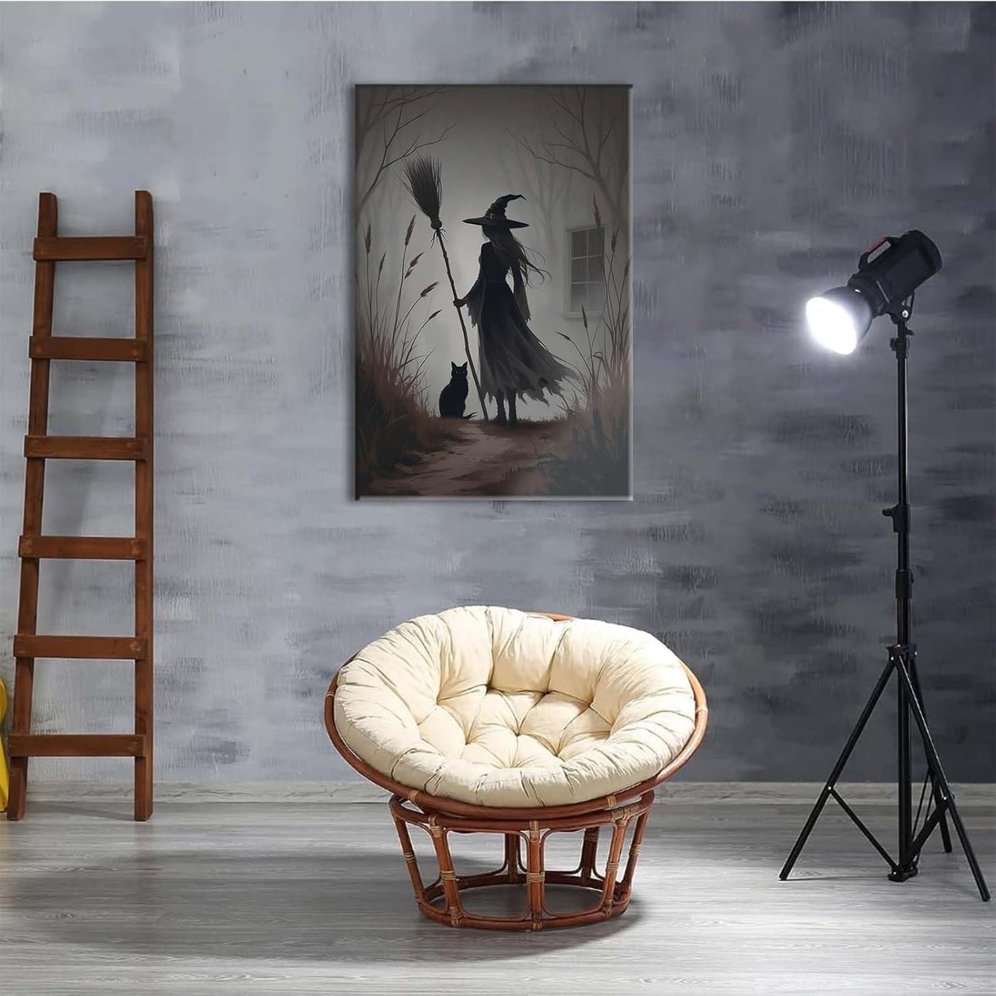 Vintage forest witch and black cat poster Halloween mural poster decoration mural art magic suitable for home living room bedroom12x16in Wood Framed