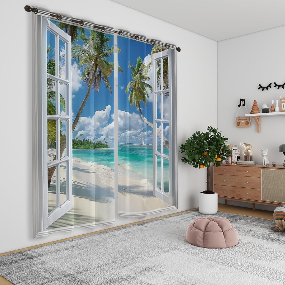 Beach Blackout Curtains for Girls Boys Teens Home Decor, Tropical Summer Scene Ocean Island Palm Tree Grommet Thermal Insulated Drapes Darkening Window Curtain for Bedroom Living Room, 63 x 63 Inch