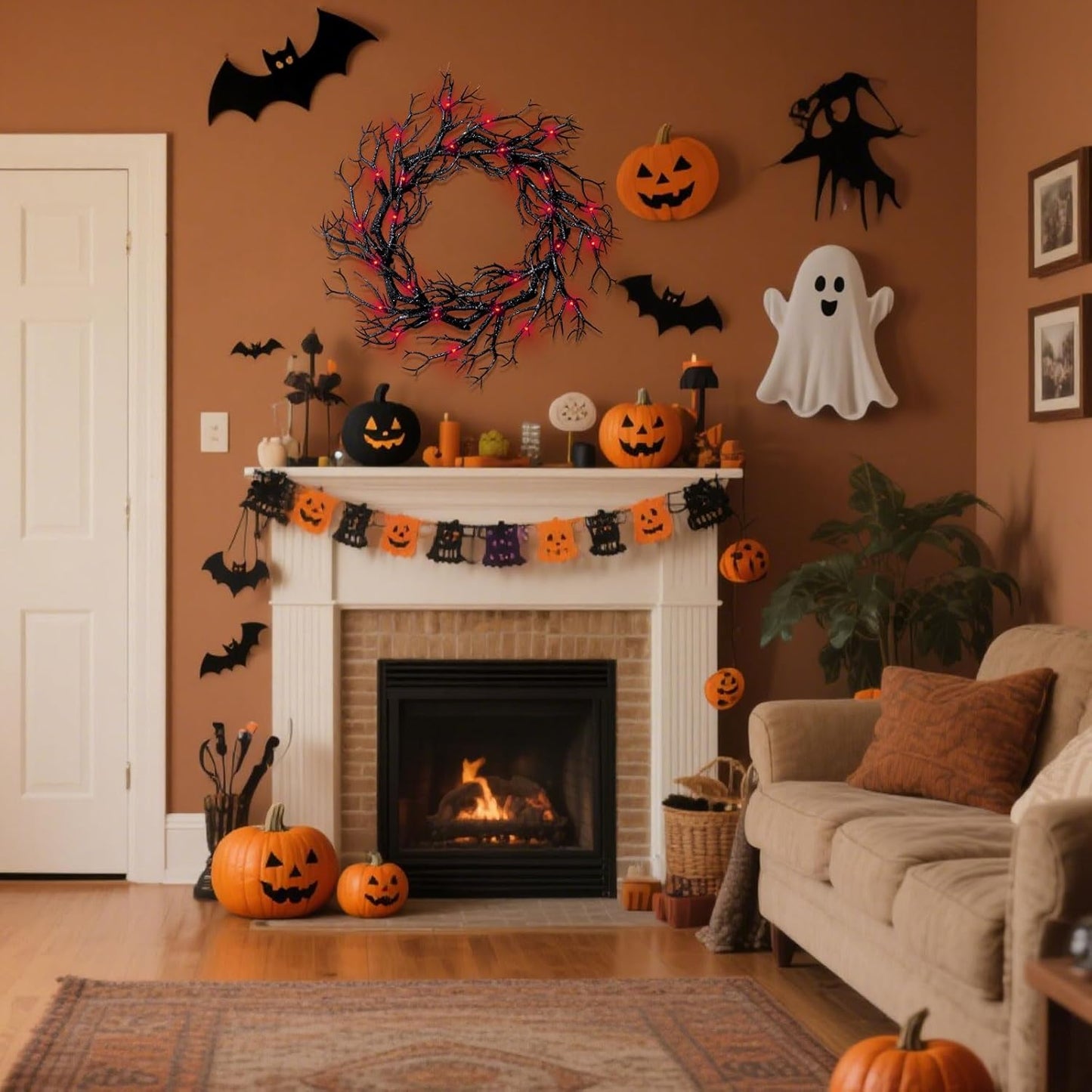 Halloween Black Branch Wreath - 16.5 Inch Glitter Black Twig Halloween Wreaths with Red Lights for Front Door Indoor Outdoor Party Window Wall Decor Farmhouse Garland Yard