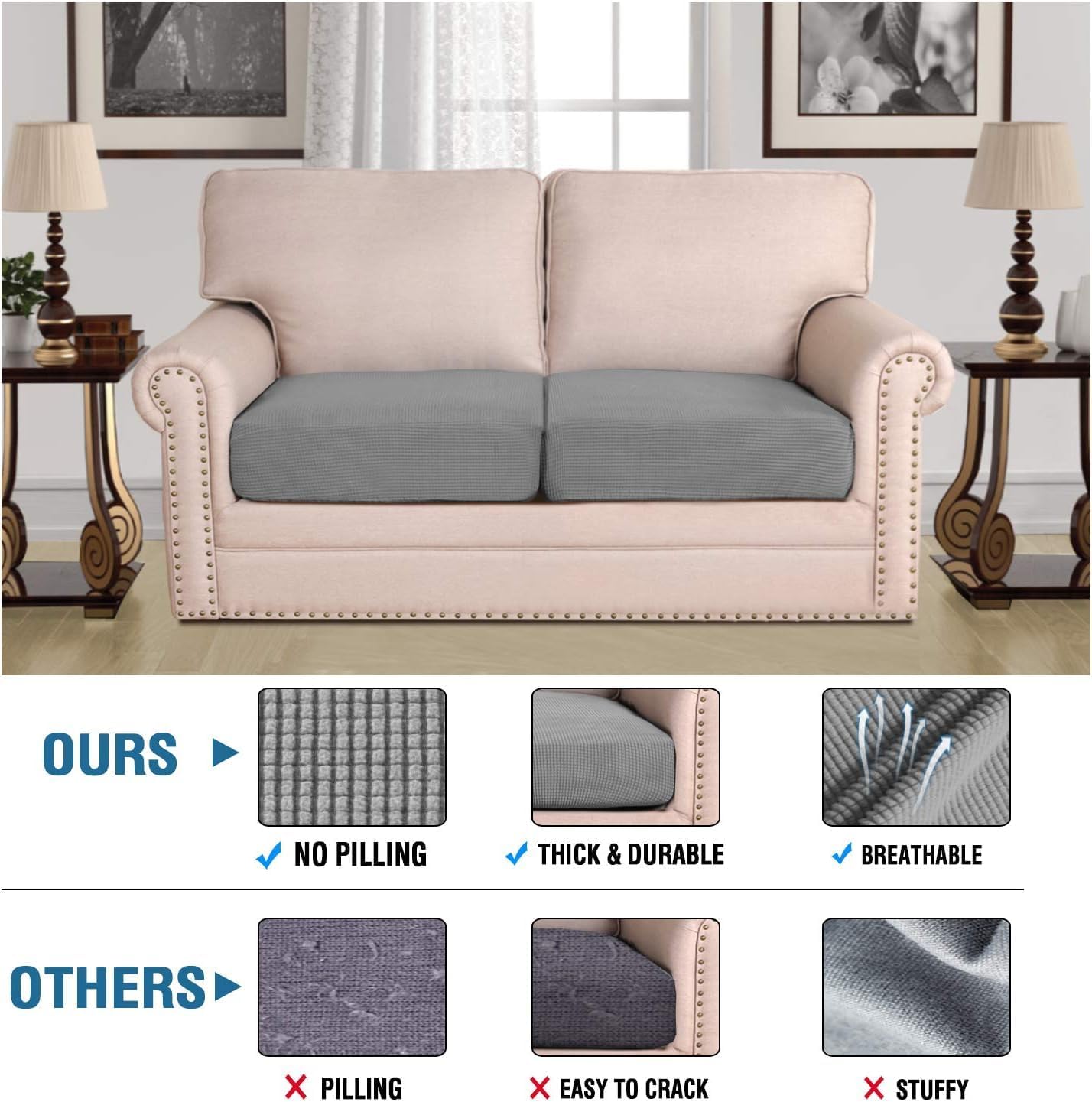 H.VERSAILTEX Super Stretch Individual Seat Sofa Covers Couch Slipcover Sets Thick Jacquard Textured Twill Fabric (2 Piece Medium Cushion Covers, Dove)