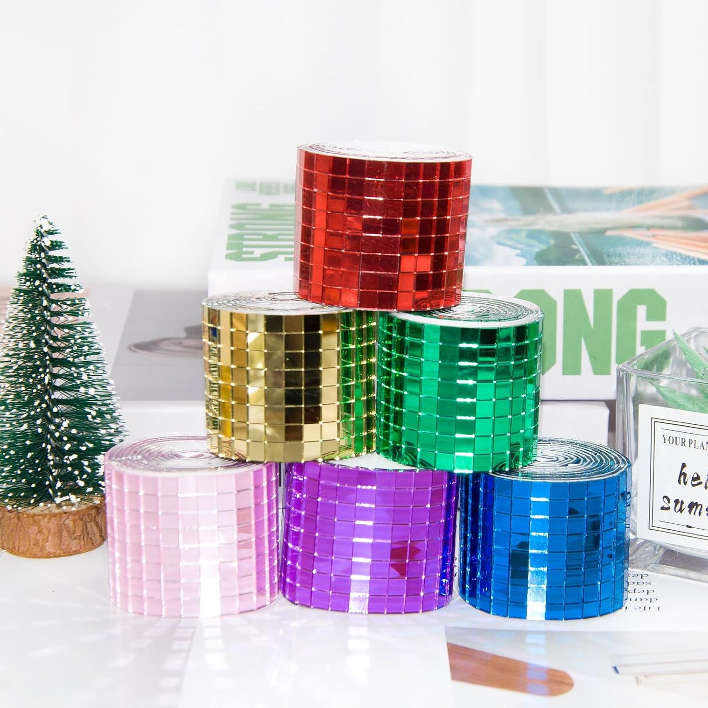 Green Self-Adhesive Glass Mirror Mosaic Tiles, 5 x 5 mm Square Mirror Tiles, 3200 Pieces Disco Ball Tiles for DIY Craft, 2 Rolls Disco Mirror Tiles for Interior, Art Collage, Card Making, Cups