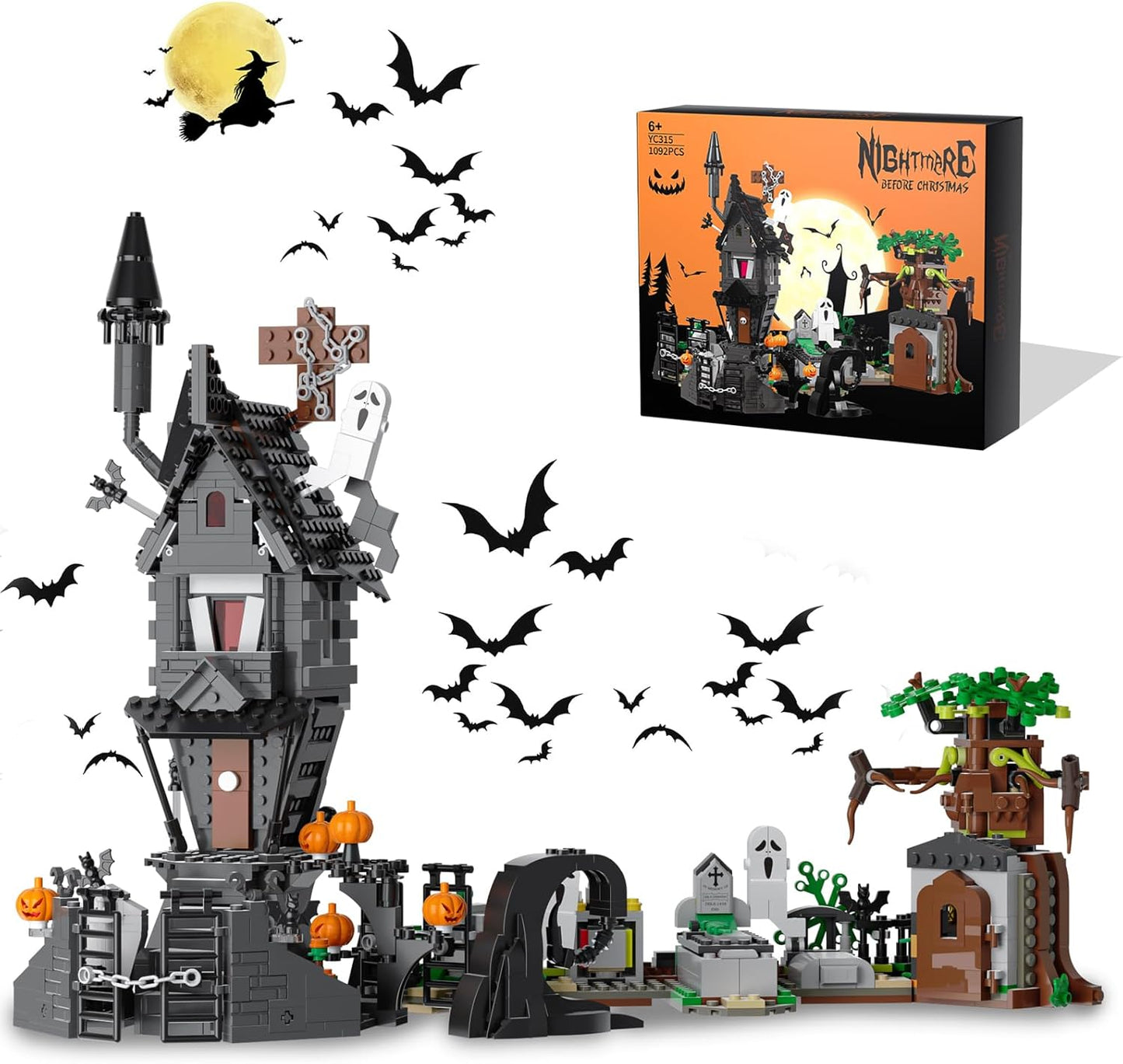 Mini Bricks Haunted Graveyard House Building Set - 1092 PCS Halloween Spooky Construction Toy Kit for Kids & Adults (Not Compatible with )