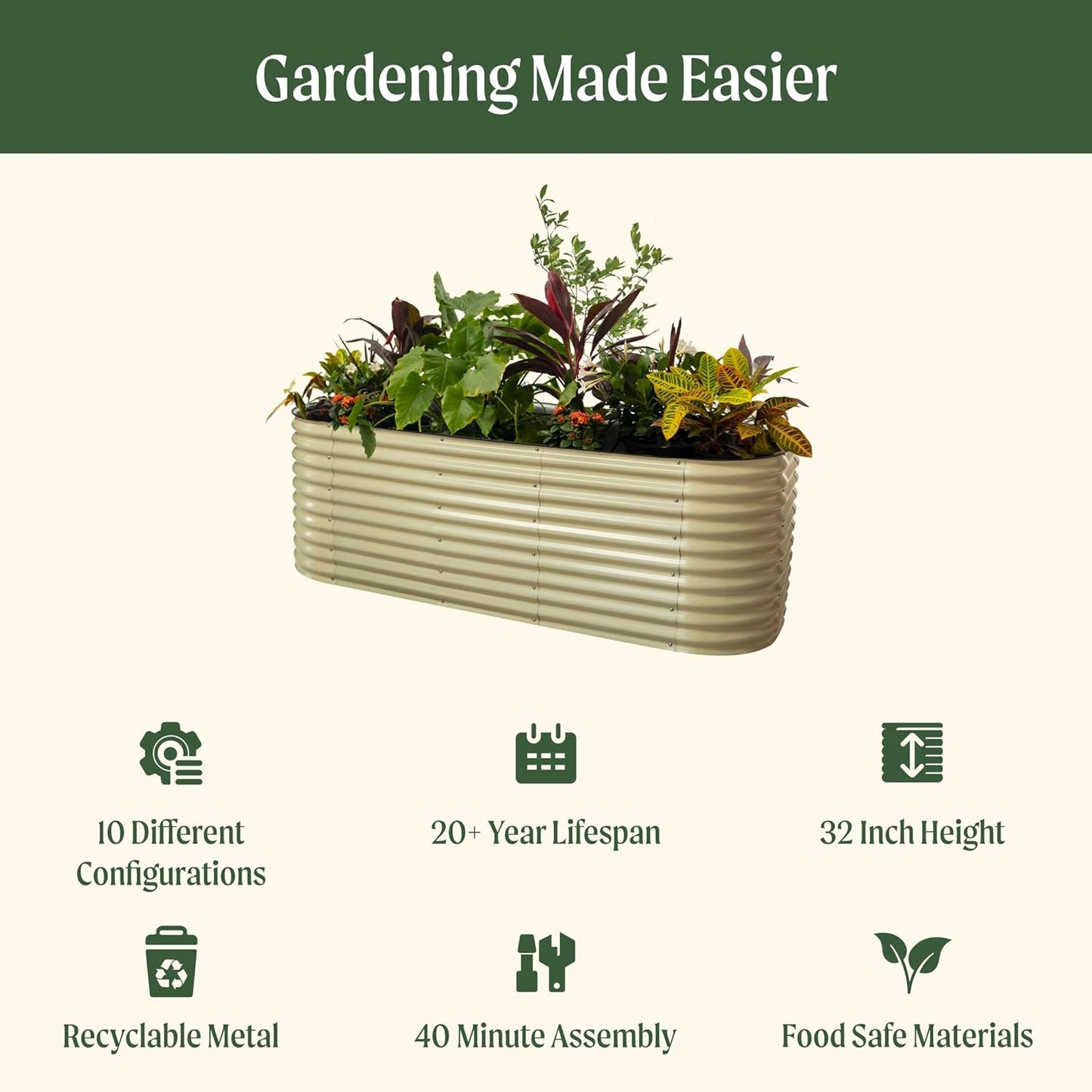 Vego garden 32" Extra Tall Raised Garden Bed Kits, 10 in 1 Modular Raised Planter Box for Vegetables Flowers Fruits Oval Metal Raised Garden Bed- British Green