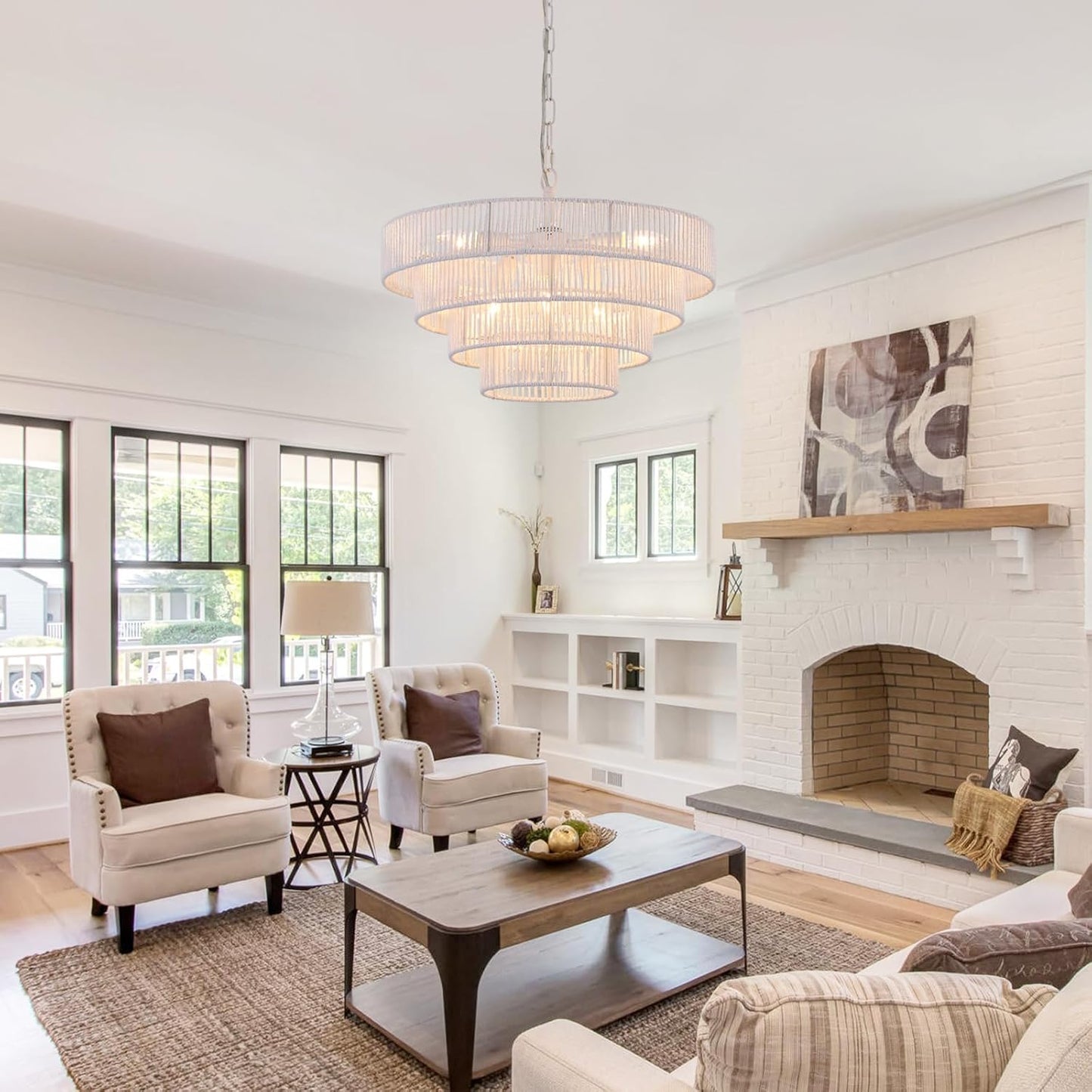 6-Lights 20" Hand-Woven Rattan Pendant Light Coastal 4 Round Transitional Minimalist Boho Large Pendant Light, for Kitchen Island Dining Room Living Room Hallway, White, UL Listed