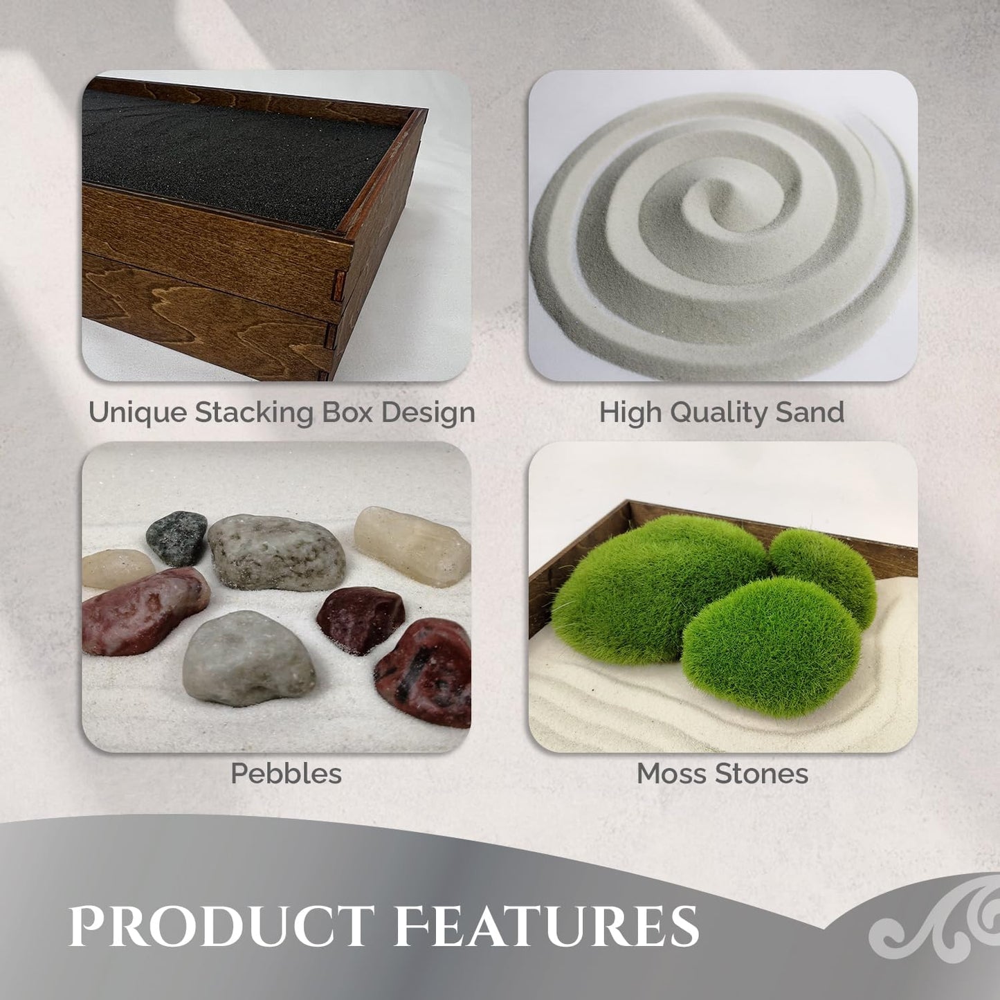 Wooden Stackable Zen Garden | White Sand with Rake & Accessories | Minimalist Decor Gift for Relaxation