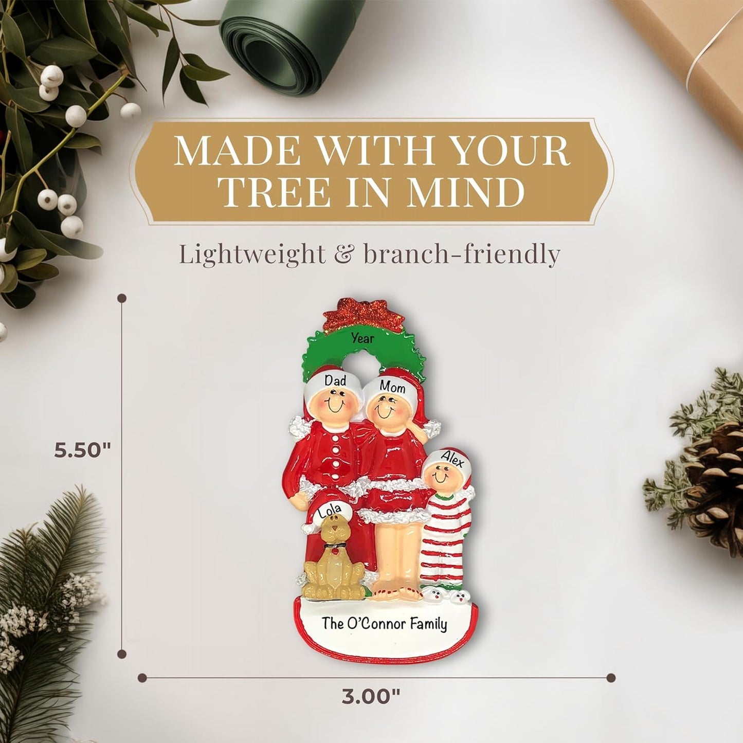 Personalized Family of 3 with Dog Ornament 2025 | Free 24h Customization | Christmas Ornaments for Tree | Custom Gift Wrapped Pet Keepsake for Dog-Lovers