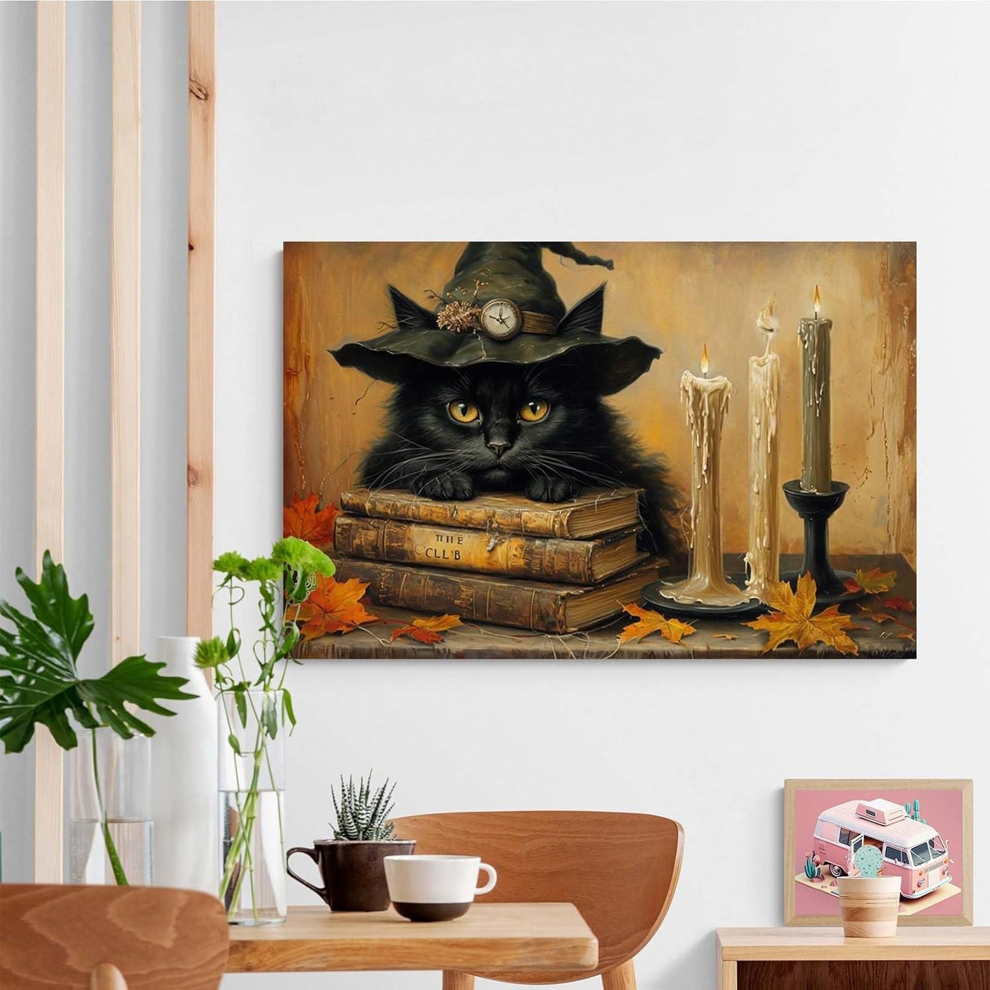 JFHCQJPK Vintage Halloween wall decoration black cat and magic book suitable for home bedroom living room decoration dark classic art witch wall decoration8x12in Frameless