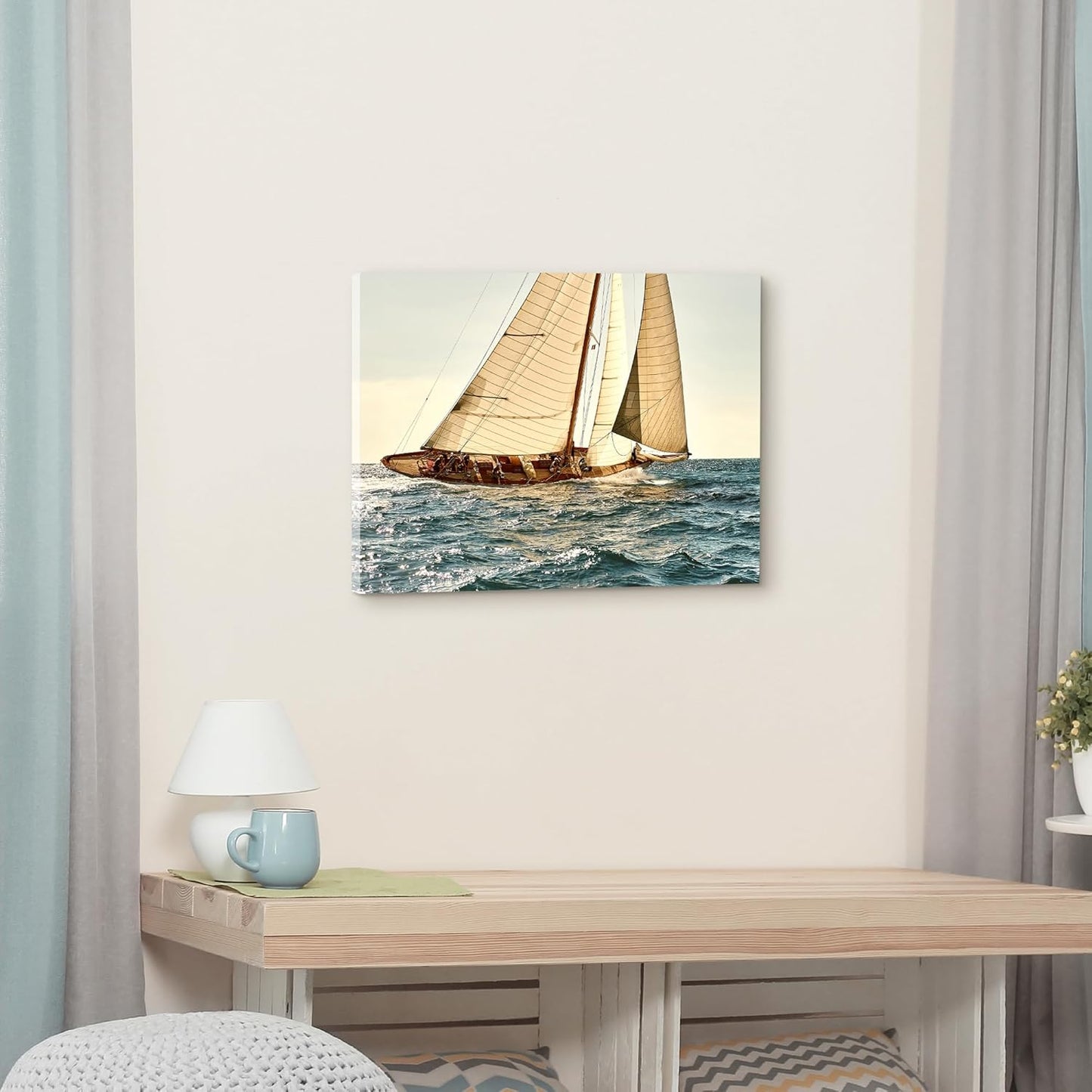 ARTISTIC PATH Nautical Sailboat Canvas Wall Art - Coastal Ocean Artwork Seascape Sailing Prints Wave Boat Picture Sunset Marine Ship Painting for Bedroom
