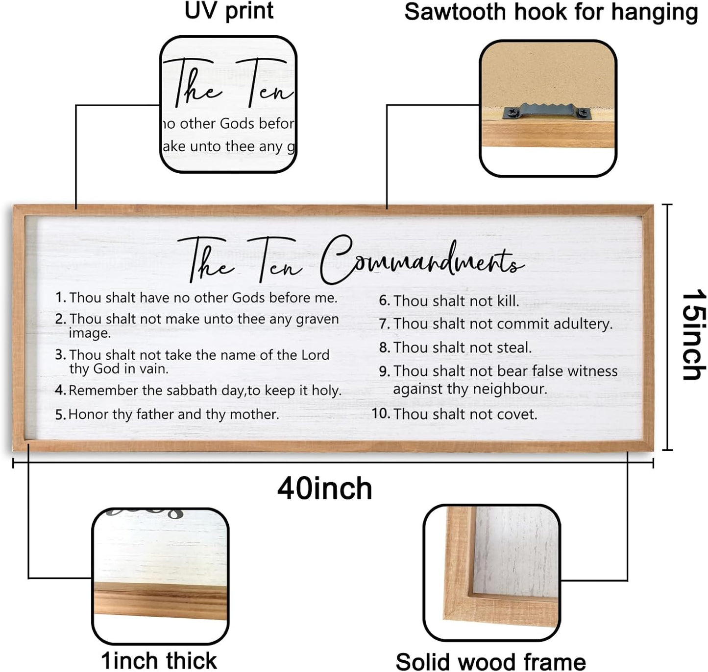 The Ten Commandments Rustic Bible Verse Framed Wall Art, 40''×15'' Positive Religious Christian Saying Sign for God Jesus Christ Prayer, Vintage Horizontal Holy Inspirational Catholic Scripture Decor